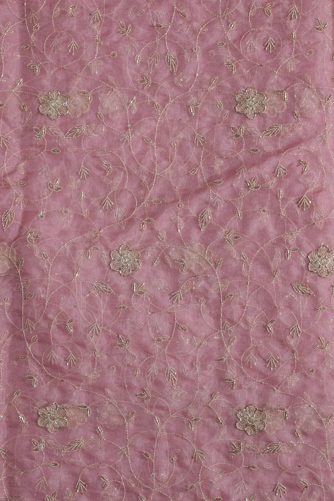 Gold Zari With Beads Leafy Embroidery Work On Gajri Organza Fabric - doeraa