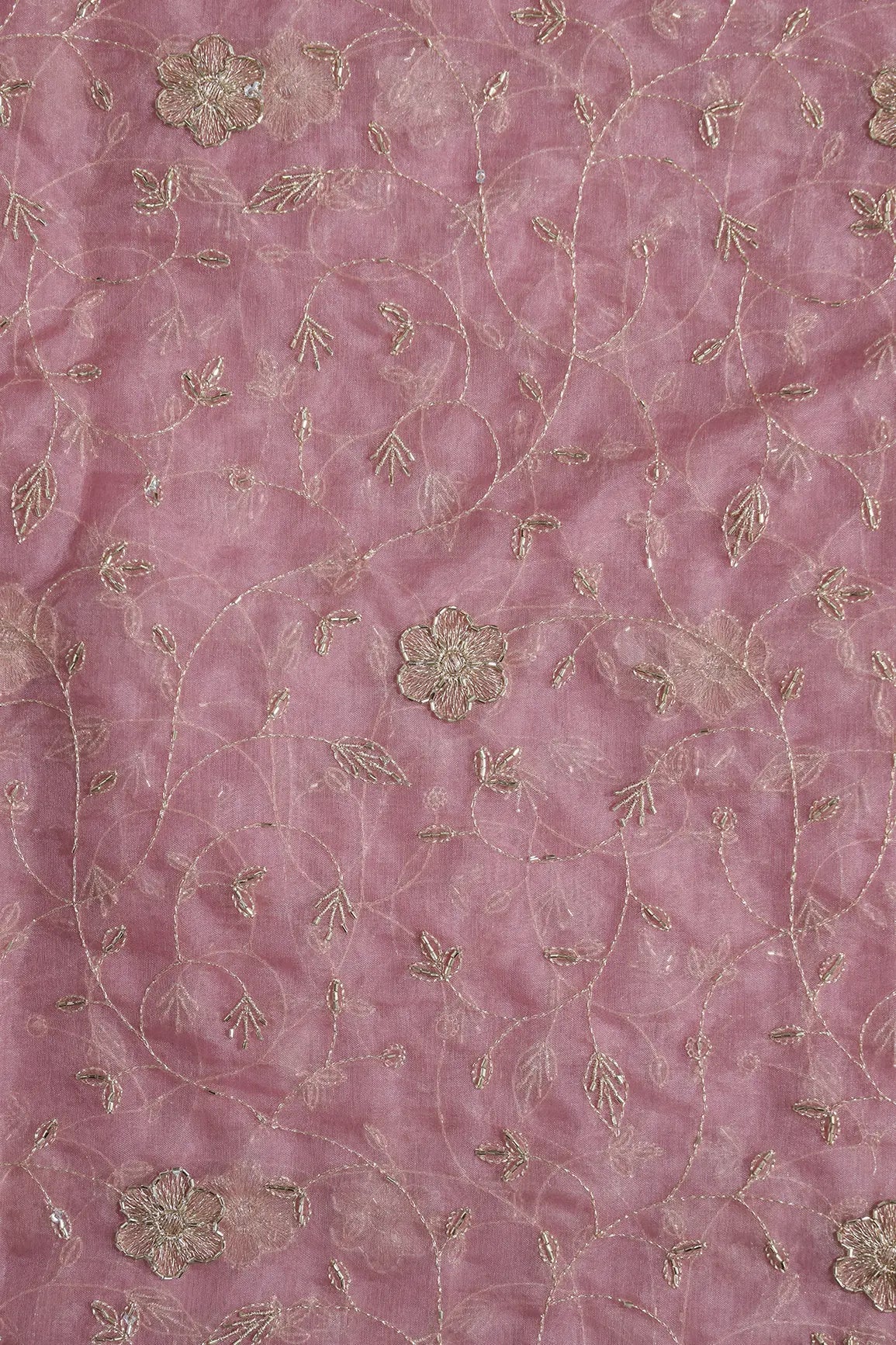 Gold Zari With Beads Leafy Embroidery Work On Gajri Organza Fabric - doeraa