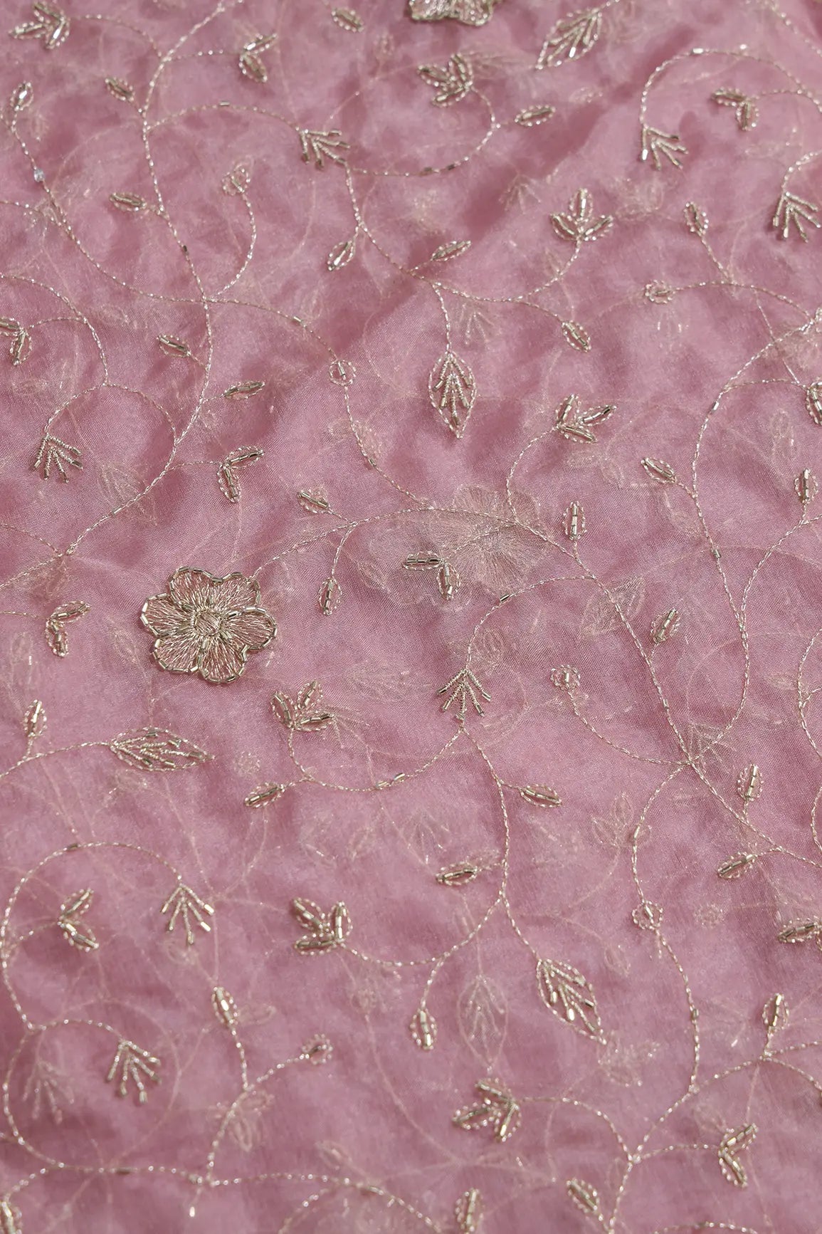 Gold Zari With Beads Leafy Embroidery Work On Gajri Organza Fabric - doeraa