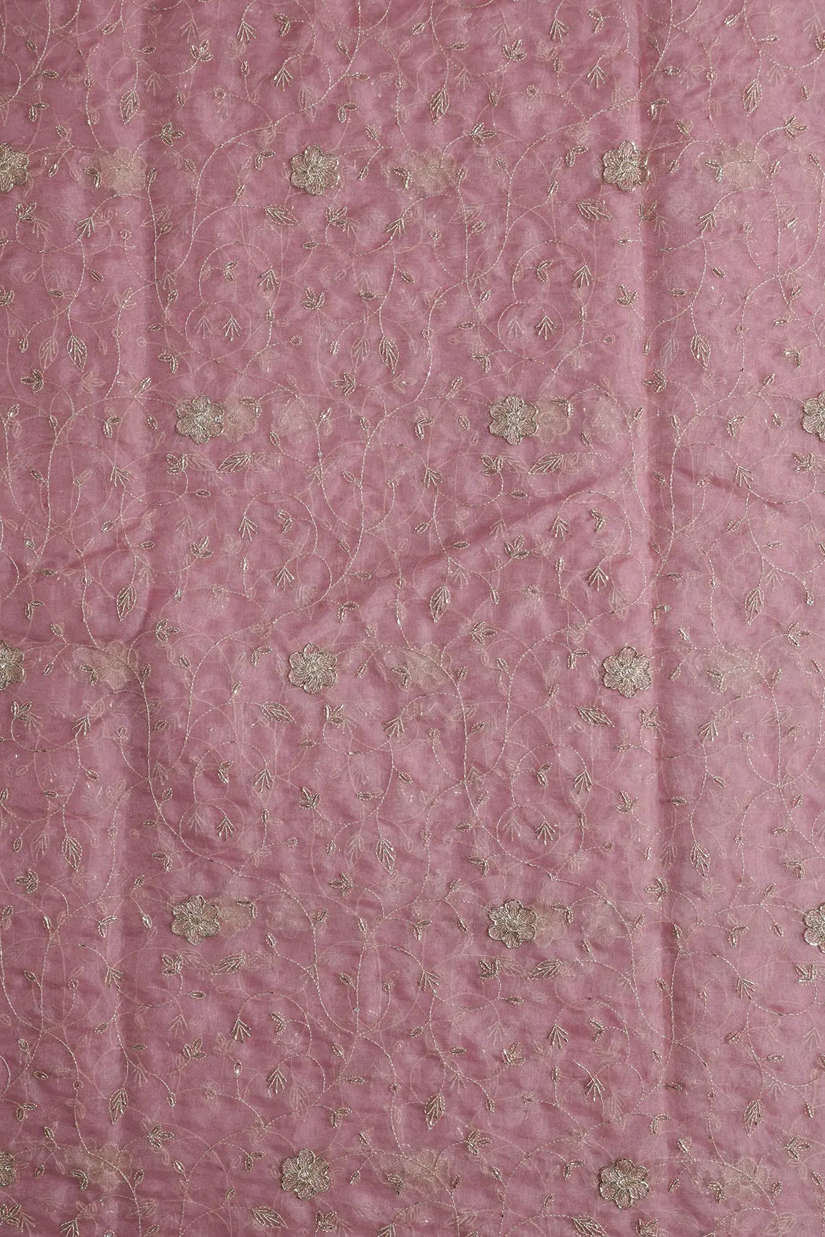 Gold Zari With Beads Leafy Embroidery Work On Gajri Organza Fabric - doeraa