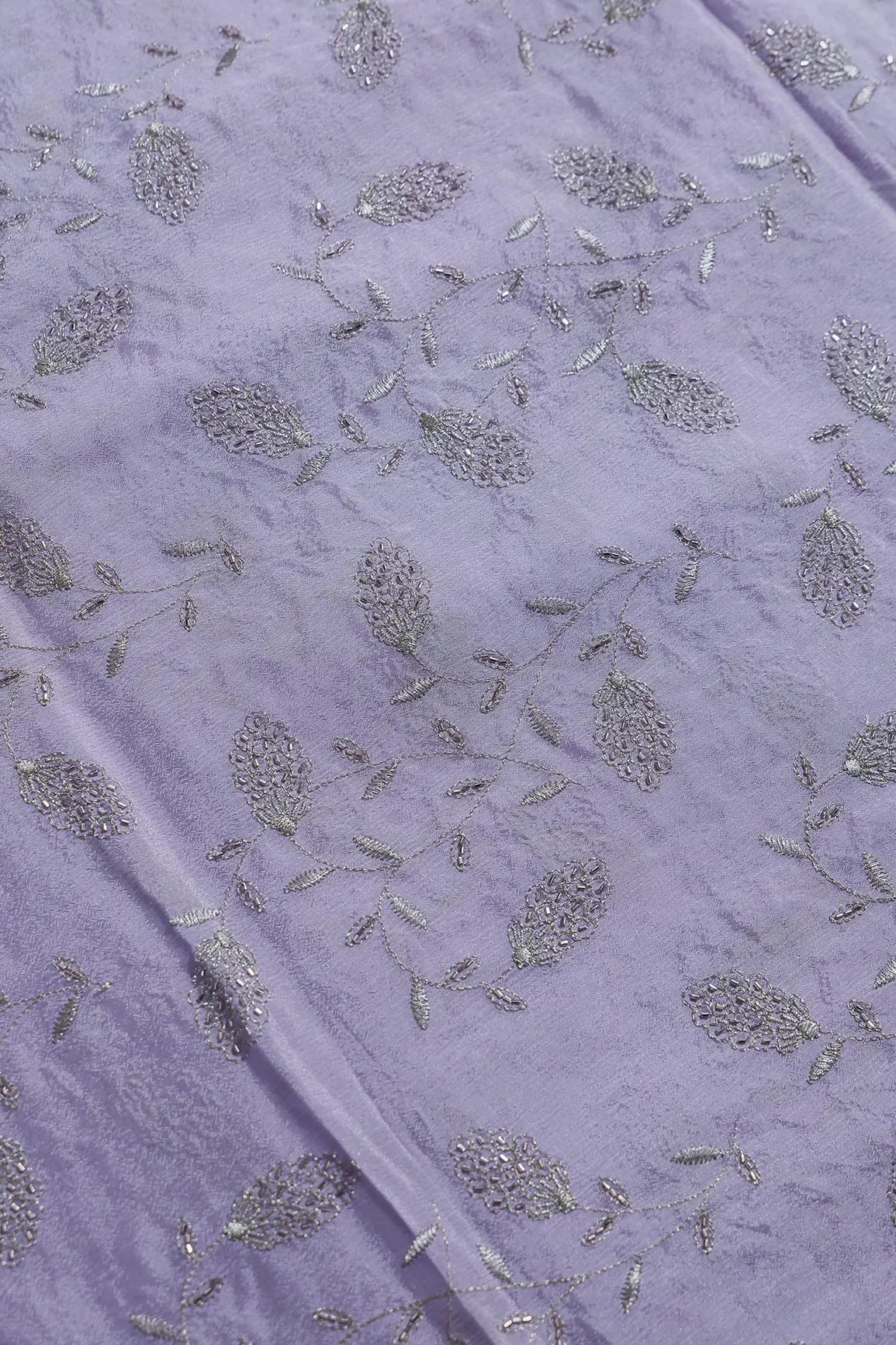 Gold Zari With Beads Leafy Embroidery Work On Lavender Chinnon Chiffon Fabric - doeraa