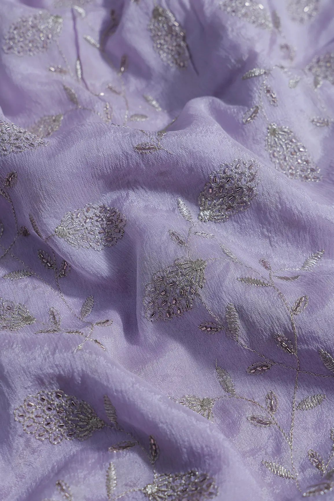 Gold Zari With Beads Leafy Embroidery Work On Lavender Chinnon Chiffon Fabric - doeraa