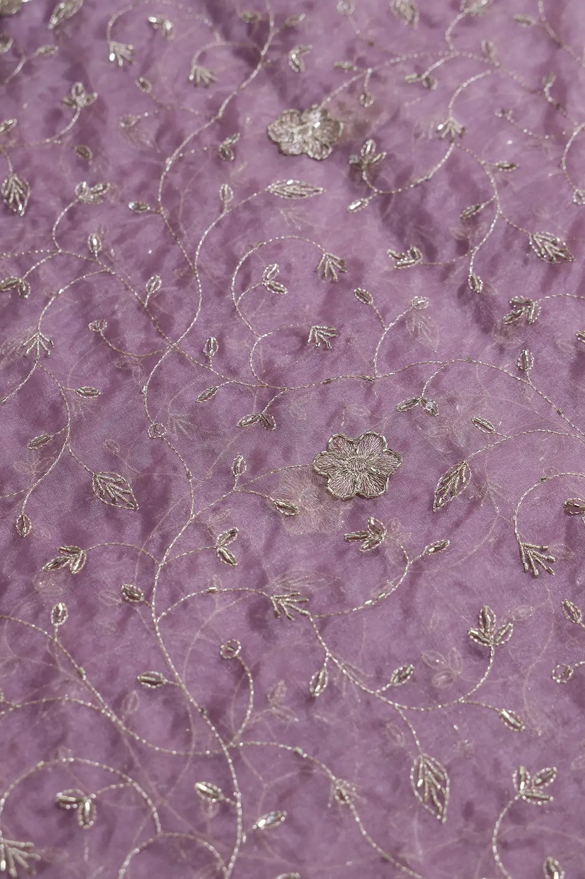 Gold Zari With Beads Leafy Embroidery Work On Lavender Organza Fabric - doeraa