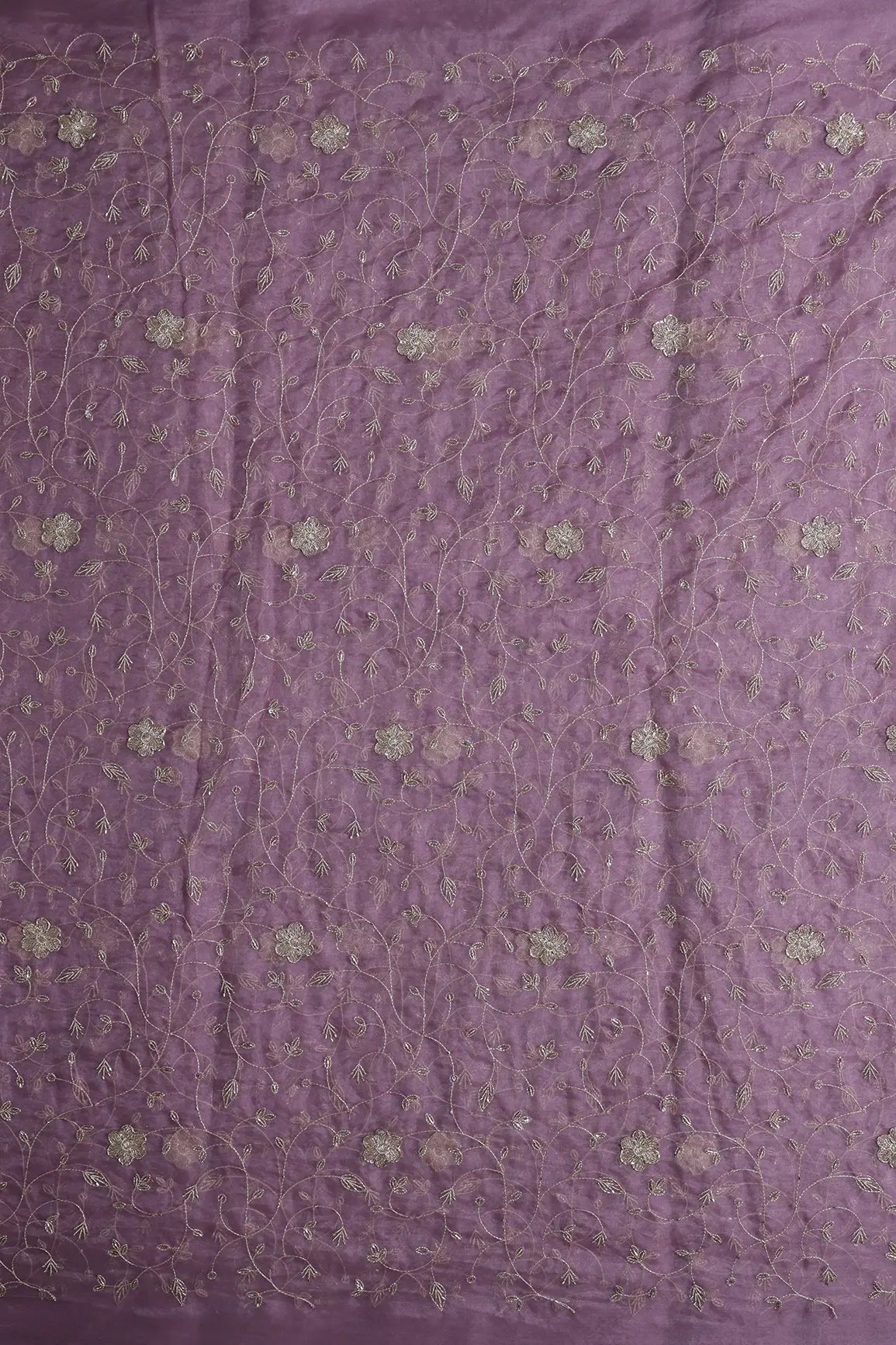 Gold Zari With Beads Leafy Embroidery Work On Lavender Organza Fabric - doeraa