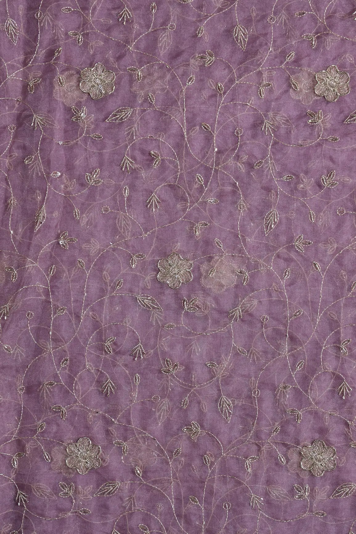 Gold Zari With Beads Leafy Embroidery Work On Lavender Organza Fabric - doeraa