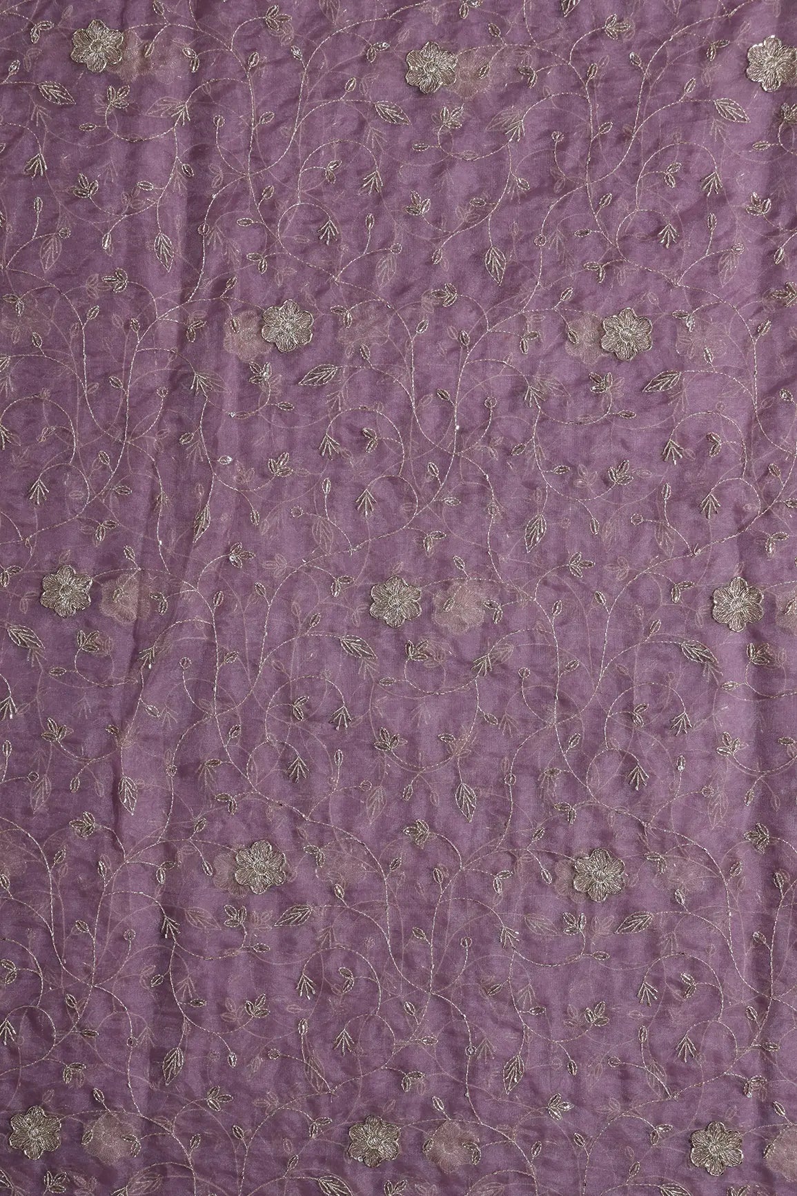 Gold Zari With Beads Leafy Embroidery Work On Lavender Organza Fabric - doeraa