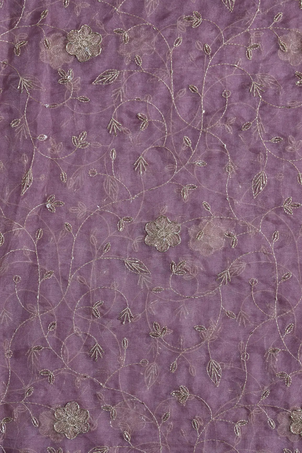Gold Zari With Beads Leafy Embroidery Work On Lavender Organza Fabric - doeraa