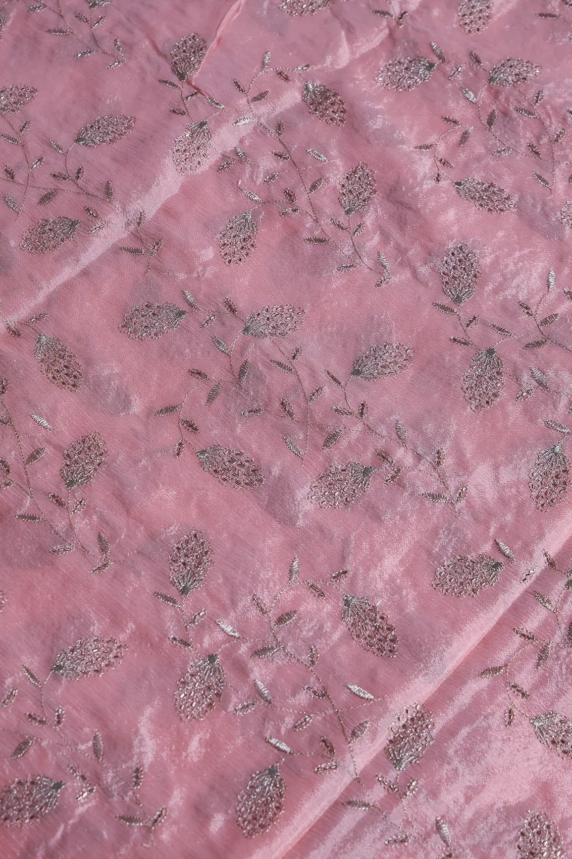Gold Zari With Beads Leafy Embroidery Work On Light Pink Chinnon Chiffon Fabric - doeraa