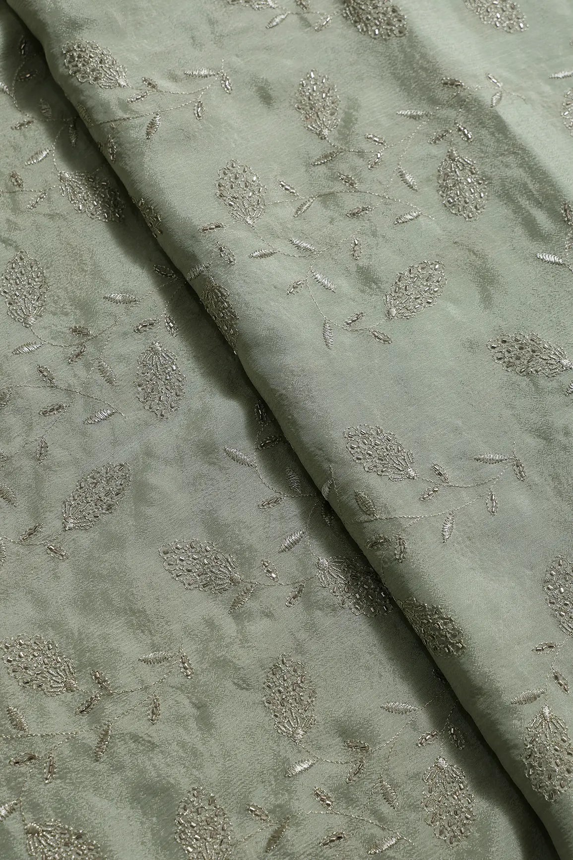 Gold Zari With Beads Leafy Embroidery Work On Olive Chinnon Chiffon Fabric - doeraa