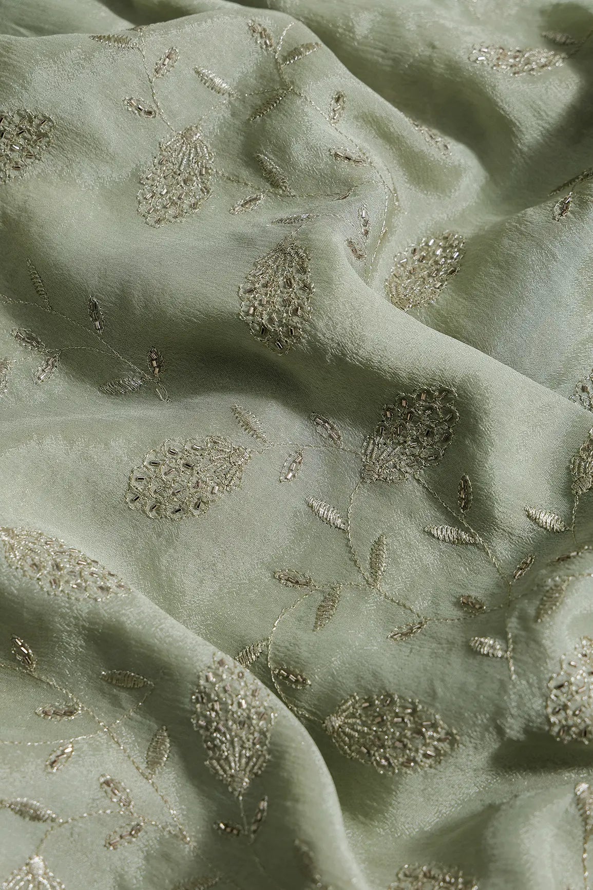 Gold Zari With Beads Leafy Embroidery Work On Olive Chinnon Chiffon Fabric - doeraa