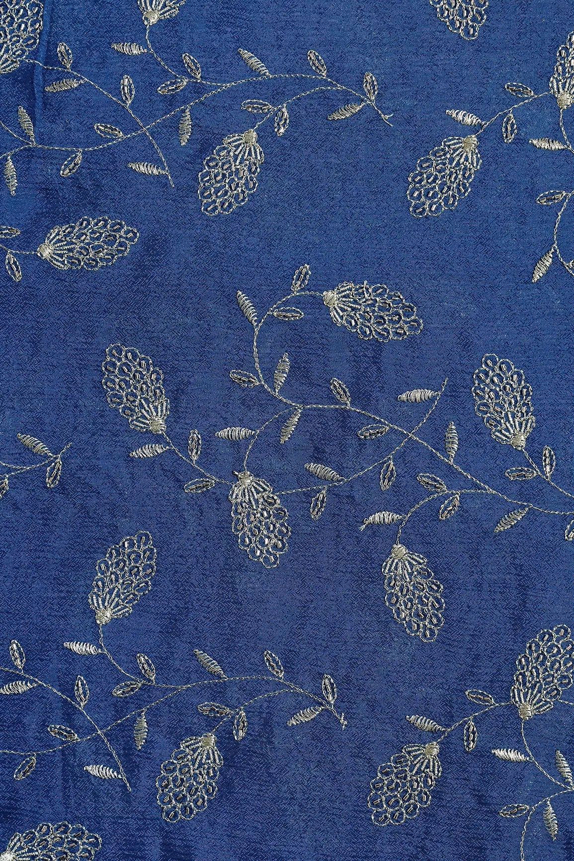 Gold Zari With Beads Leafy Embroidery Work On Prussian Blue Chinnon Chiffon Fabric - doeraa