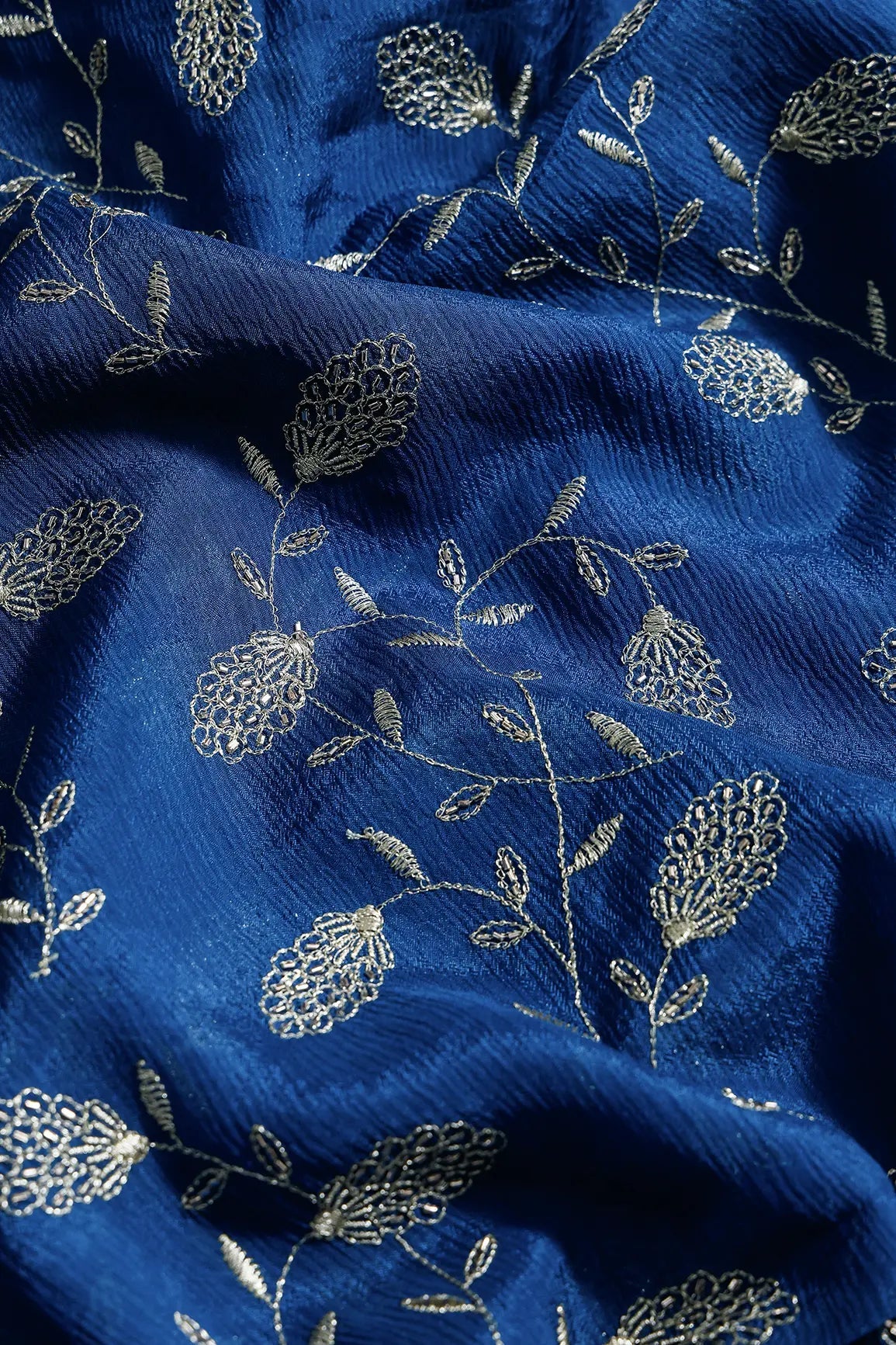 Gold Zari With Beads Leafy Embroidery Work On Prussian Blue Chinnon Chiffon Fabric - doeraa