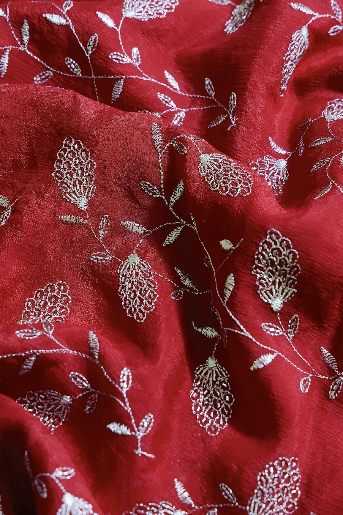 Gold Zari With Beads Leafy Embroidery Work On Red Chinnon Chiffon Fabric - doeraa