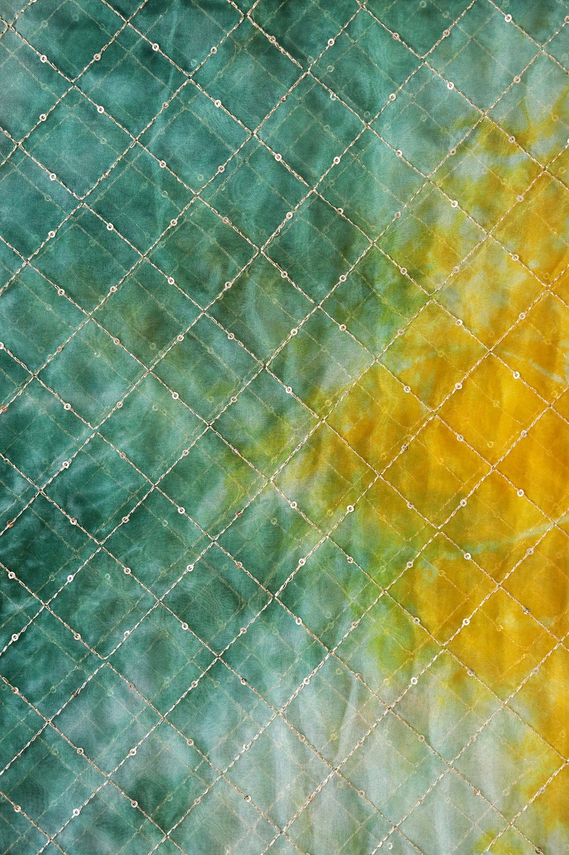 Gold Zari With Gold Sequins Checks Embroidery Work On Tie & Dye Green And Yellow Organza Fabric - doeraa