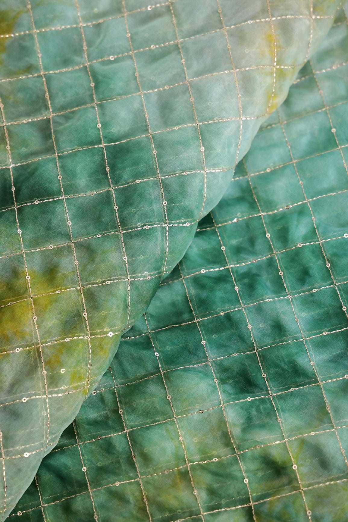 Gold Zari With Gold Sequins Checks Embroidery Work On Tie & Dye Green And Yellow Organza Fabric - doeraa