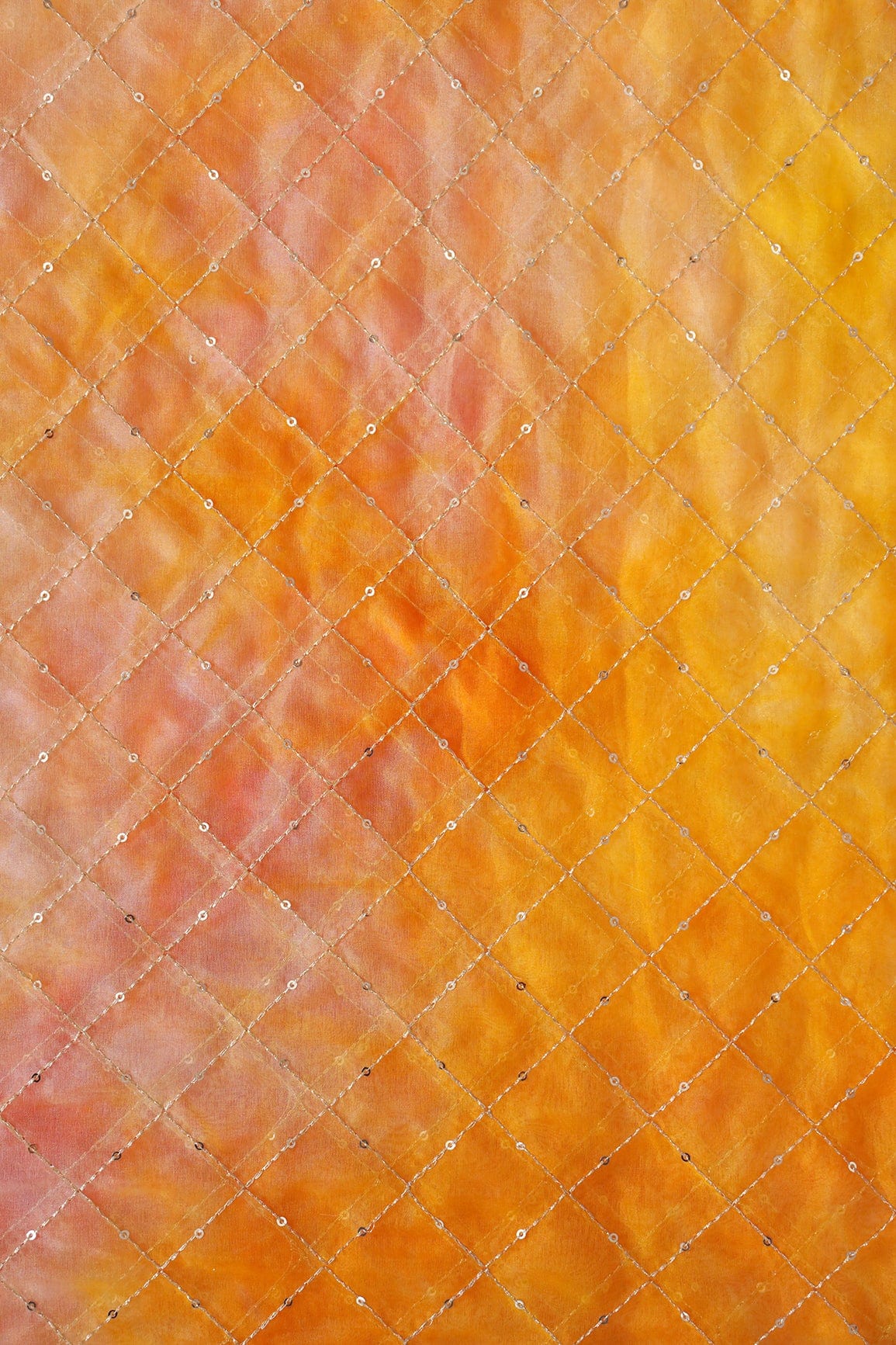 Gold Zari With Gold Sequins Checks Embroidery Work On Tie & Dye Orange And Yellow Organza Fabric - doeraa