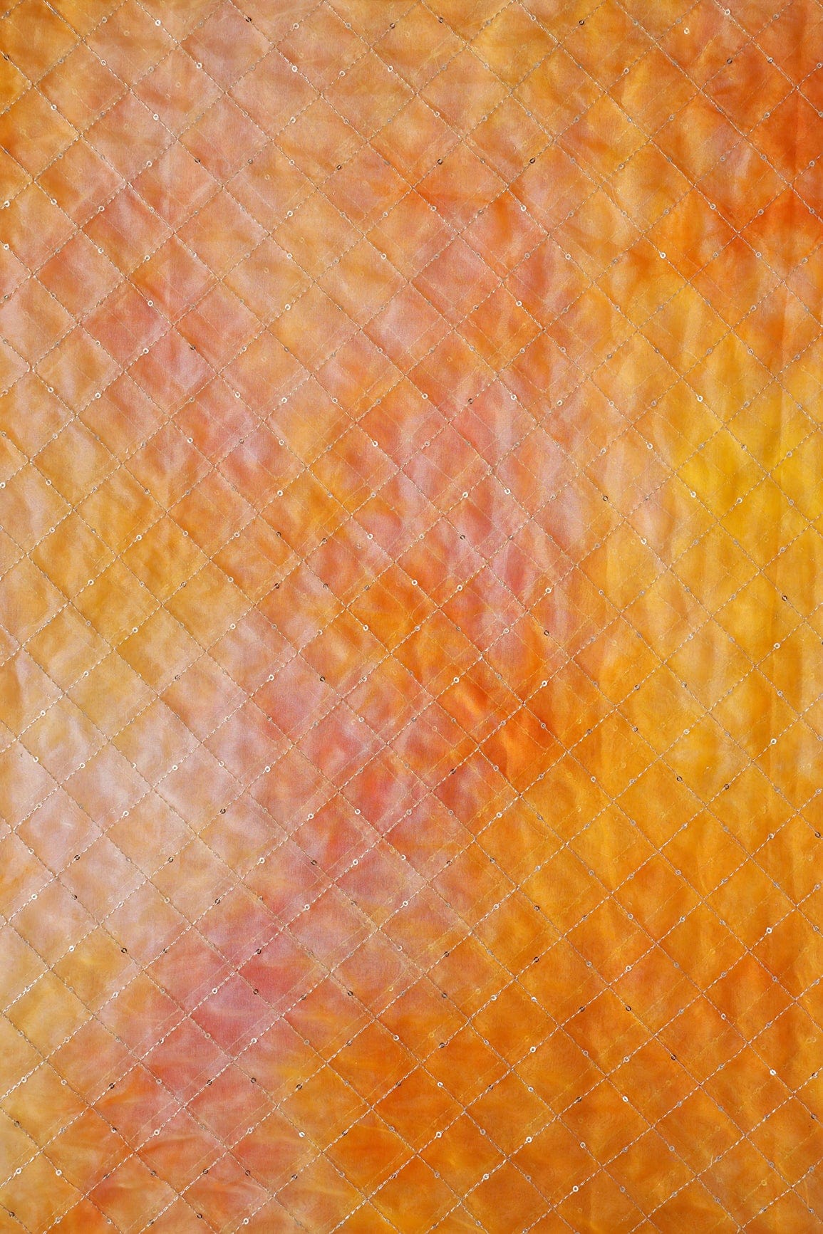 Gold Zari With Gold Sequins Checks Embroidery Work On Tie & Dye Orange And Yellow Organza Fabric - doeraa