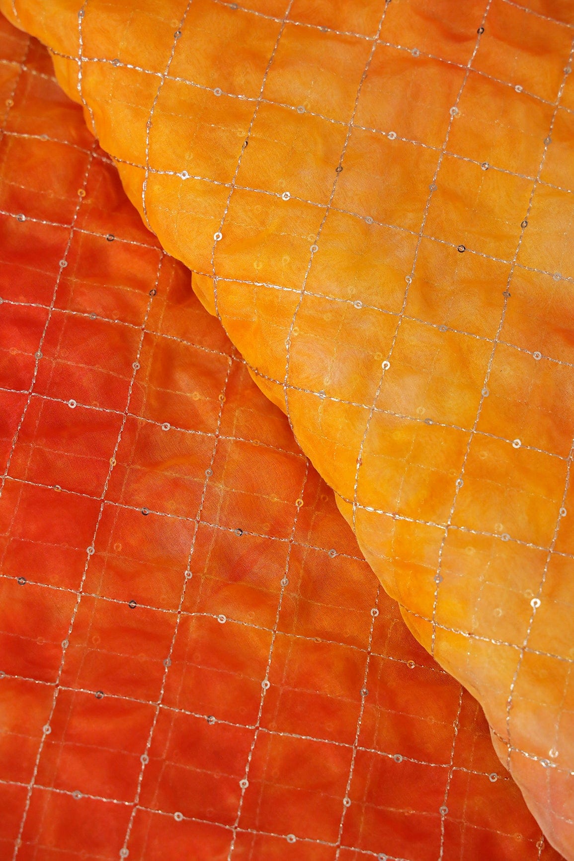Gold Zari With Gold Sequins Checks Embroidery Work On Tie & Dye Orange And Yellow Organza Fabric - doeraa
