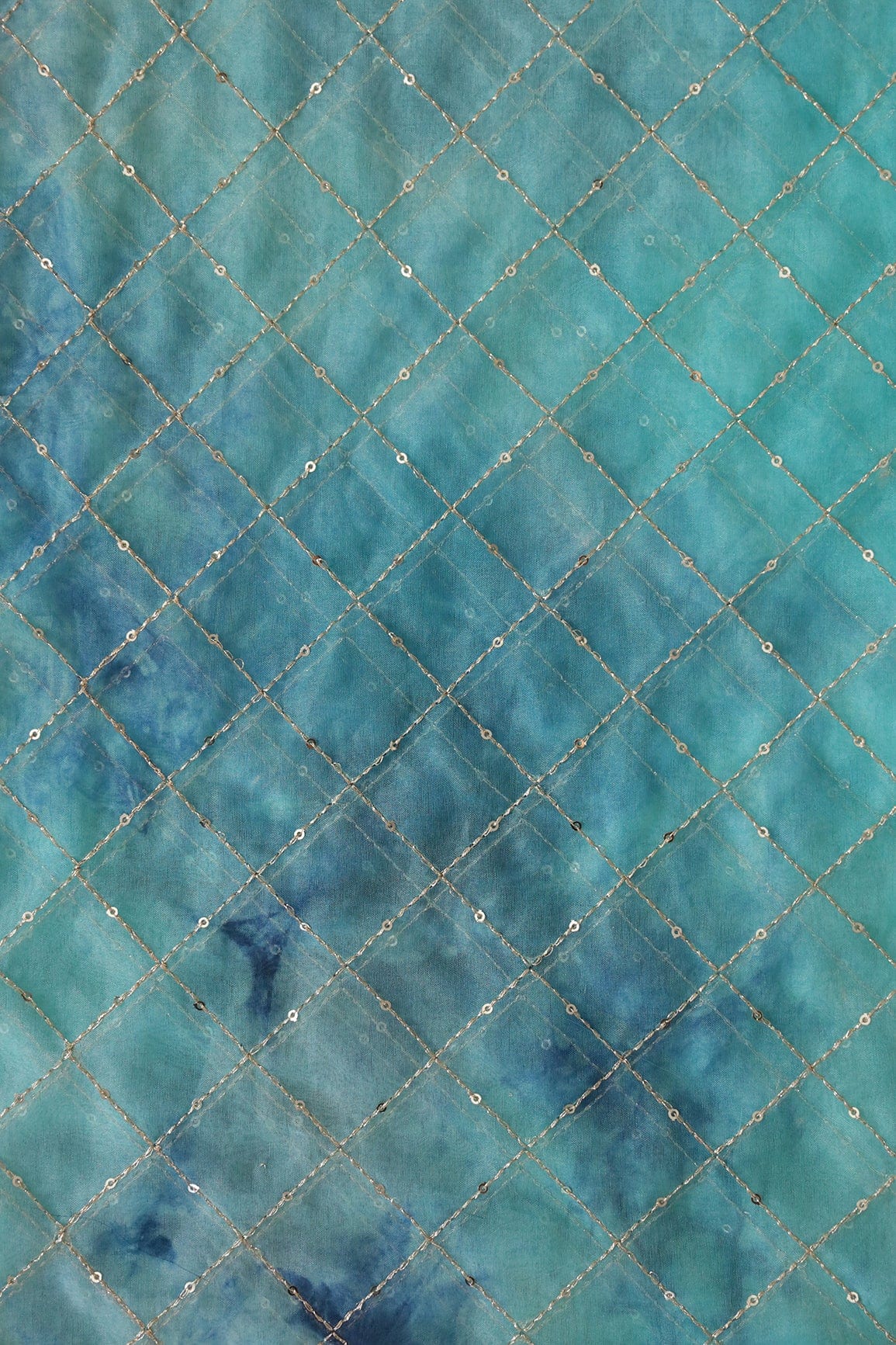 Gold Zari With Gold Sequins Checks Embroidery Work On Tie & Dye Turquoise And Blue Organza Fabric - doeraa