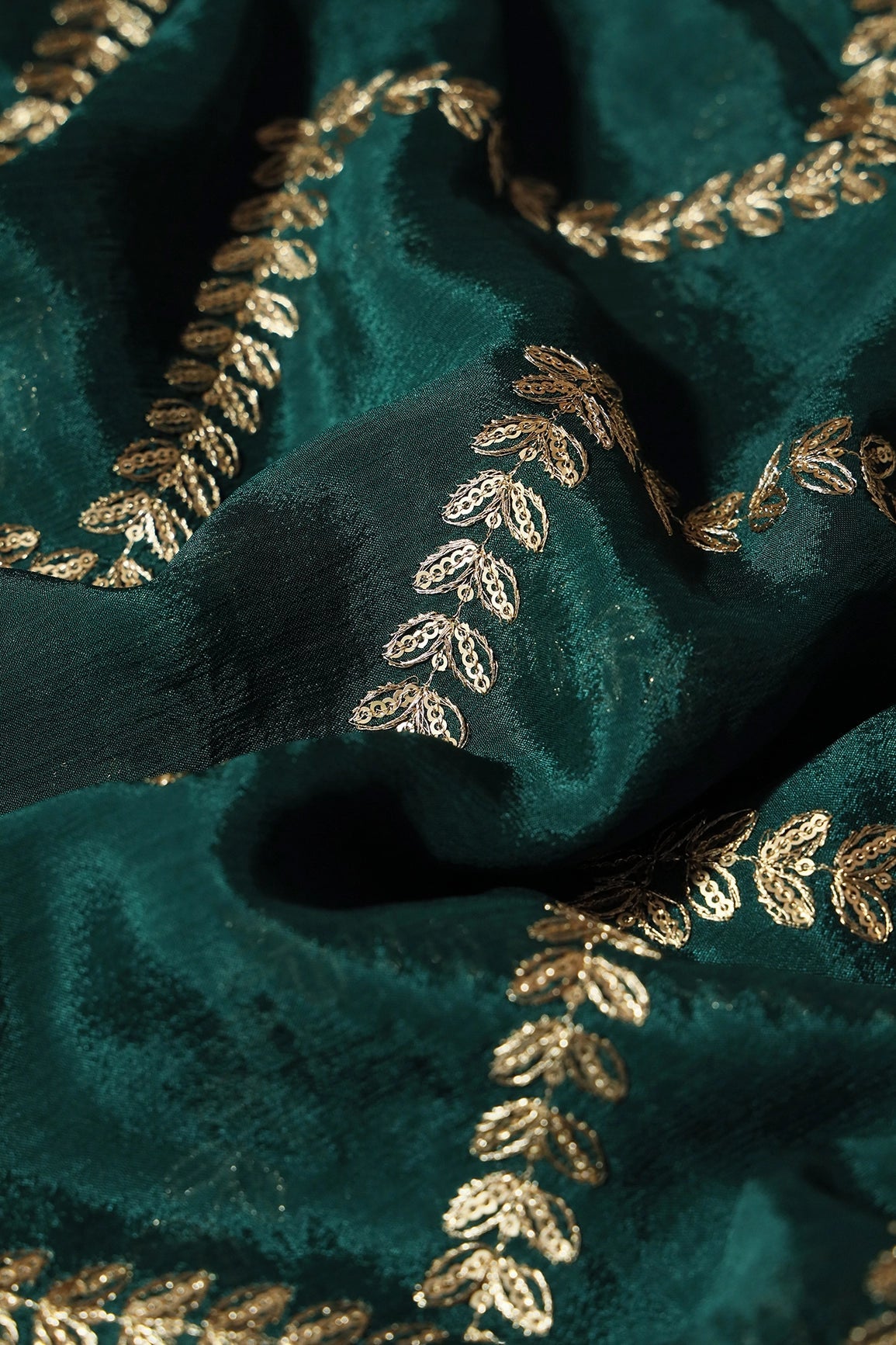 Gold Zari With Gold Sequins Chevron Embroidery Work On Bottle Green Chinnon Chiffon Fabric - doeraa
