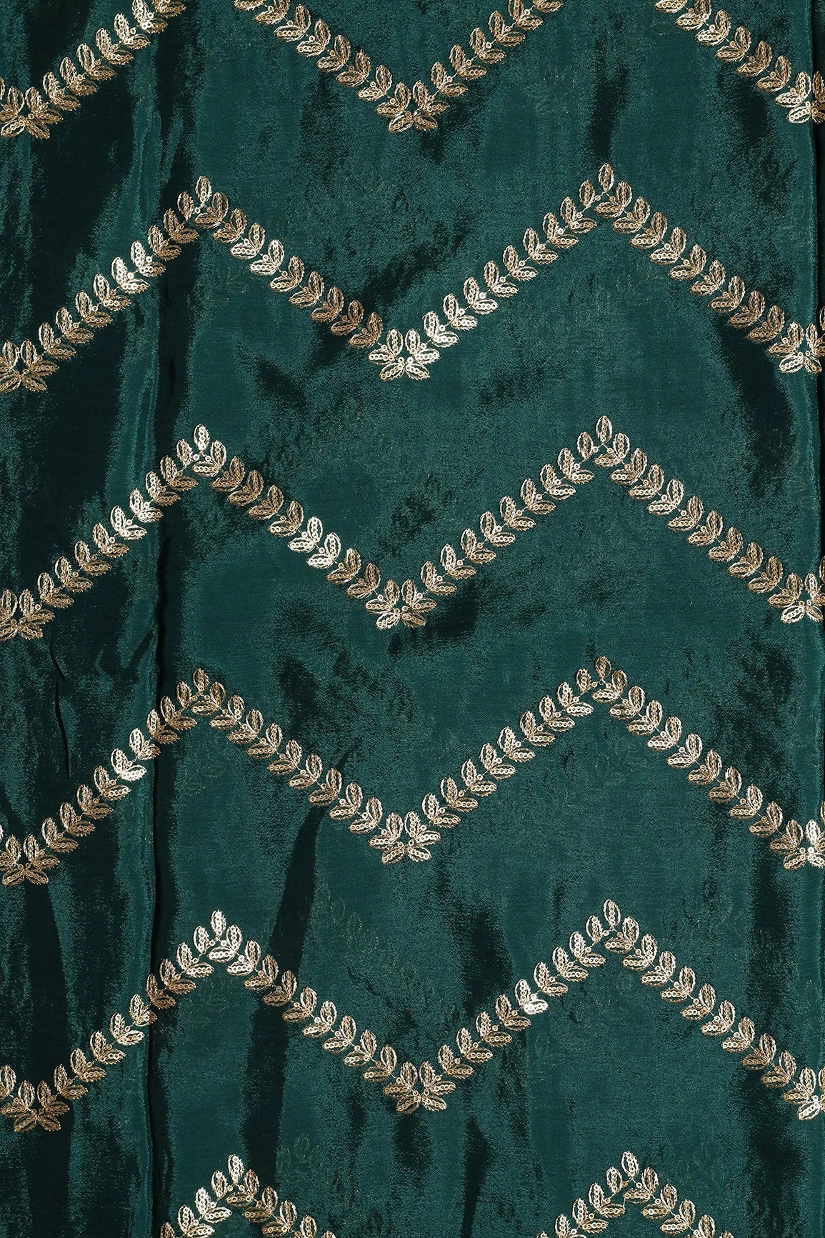 Gold Zari With Gold Sequins Chevron Embroidery Work On Bottle Green Chinnon Chiffon Fabric - doeraa
