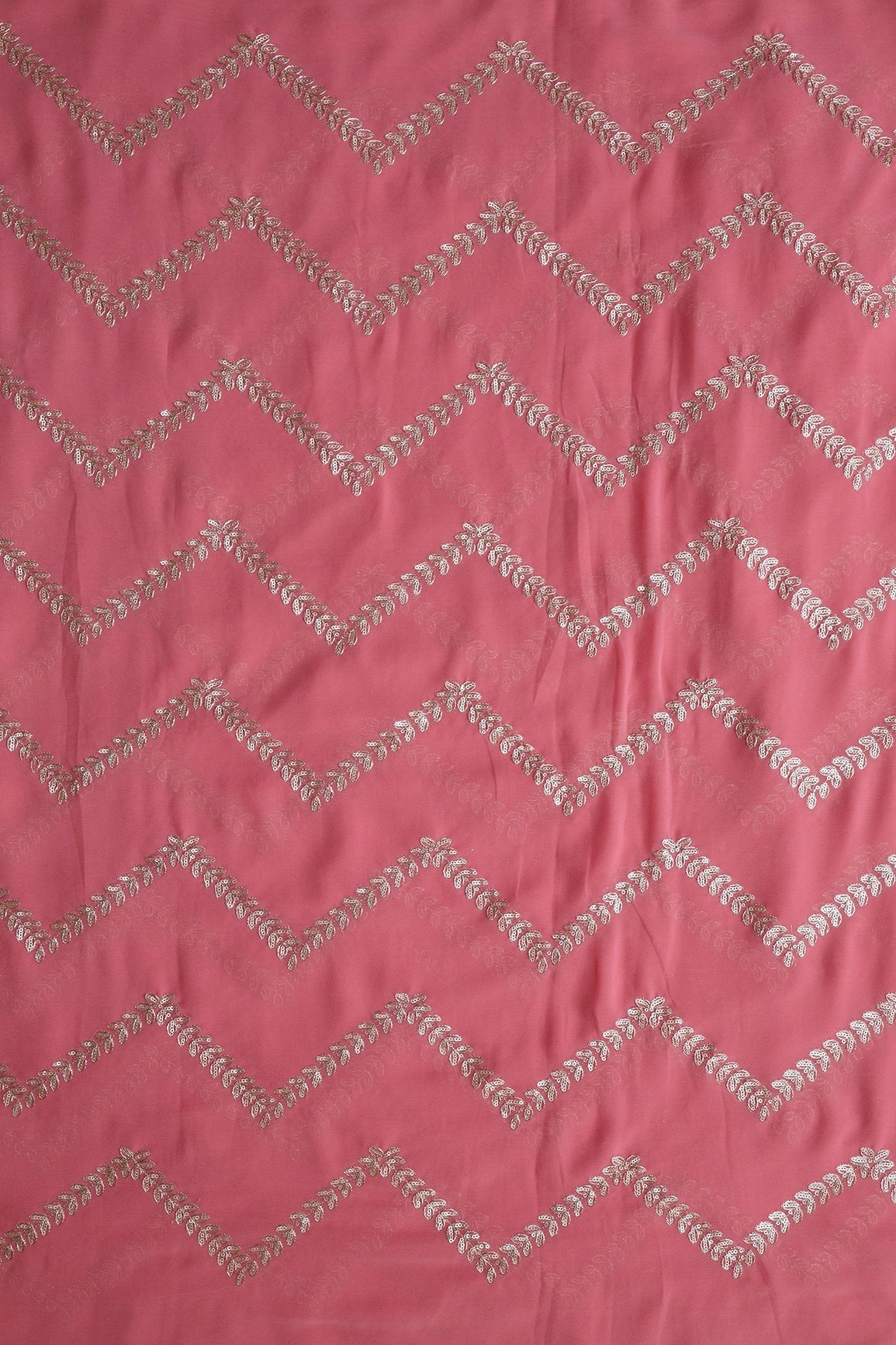 Gold Zari With Gold Sequins Chevron Embroidery Work On Gajri Pink Georgette Fabric - doeraa