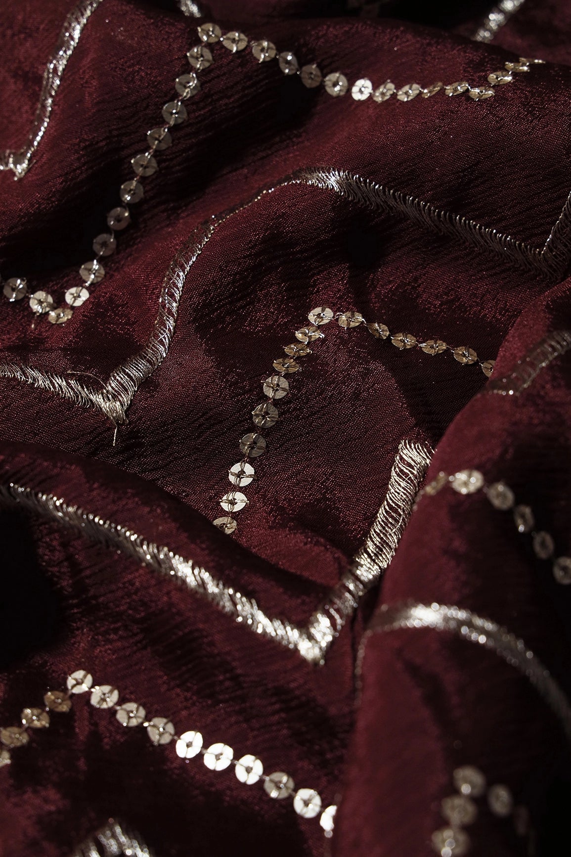 Gold Zari With Gold Sequins Chevron Embroidery Work On Maroon Chinnon Chiffon Fabric - doeraa