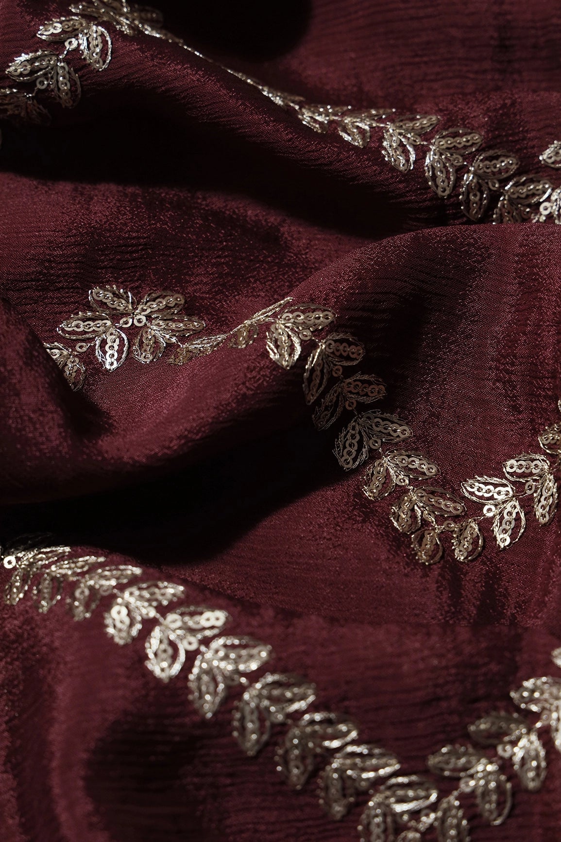 Gold Zari With Gold Sequins Chevron Embroidery Work On Maroon Chinnon Chiffon Fabric - doeraa
