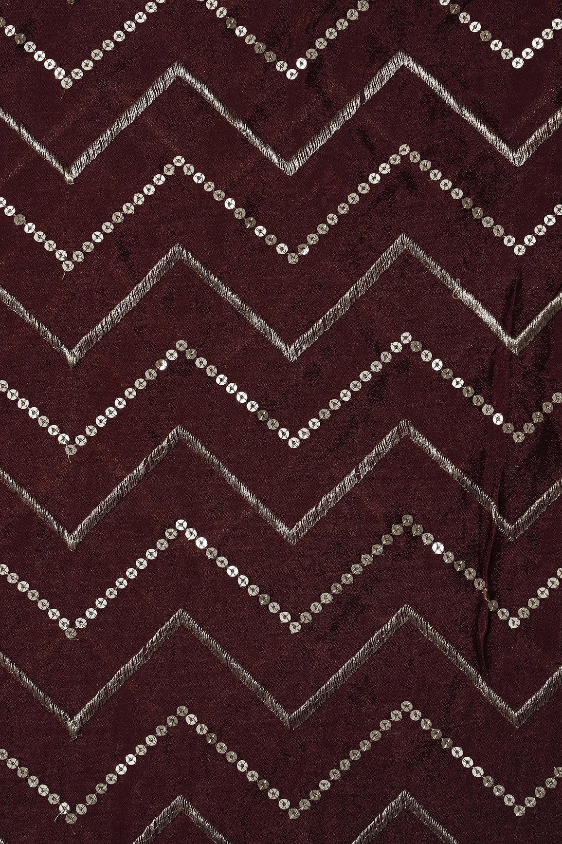 Gold Zari With Gold Sequins Chevron Embroidery Work On Maroon Chinnon Chiffon Fabric - doeraa