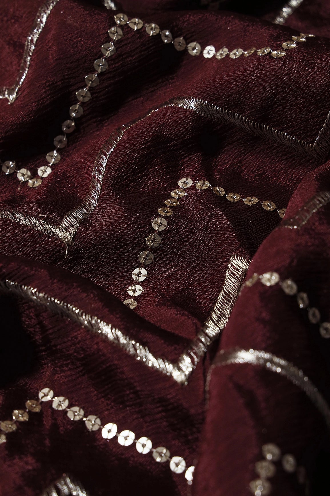 Gold Zari With Gold Sequins Chevron Embroidery Work On Maroon Chinnon Chiffon Fabric - doeraa