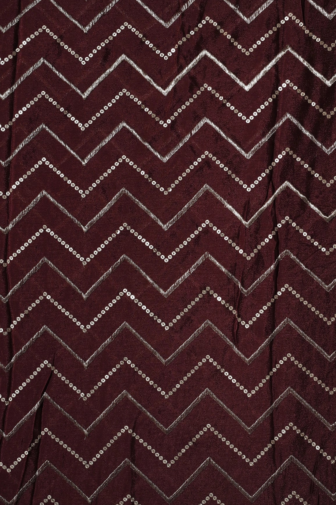 Gold Zari With Gold Sequins Chevron Embroidery Work On Maroon Chinnon Chiffon Fabric - doeraa