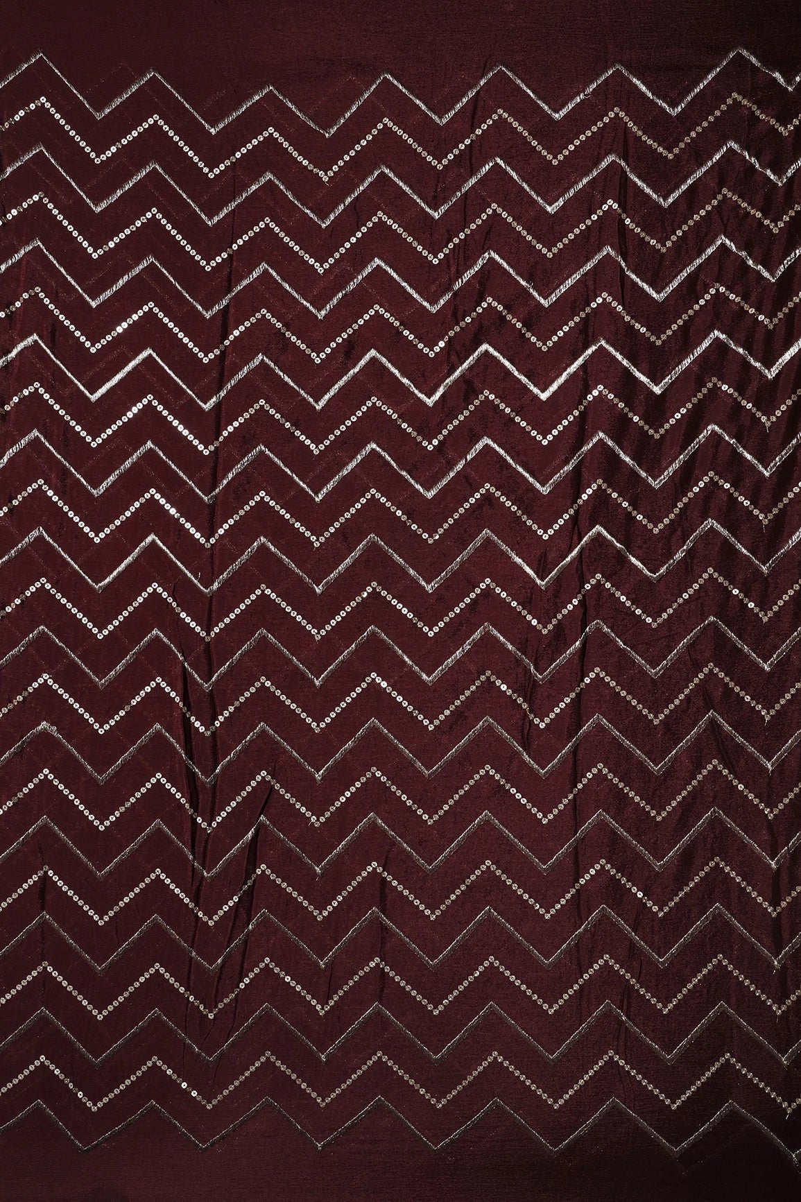 Gold Zari With Gold Sequins Chevron Embroidery Work On Maroon Chinnon Chiffon Fabric - doeraa