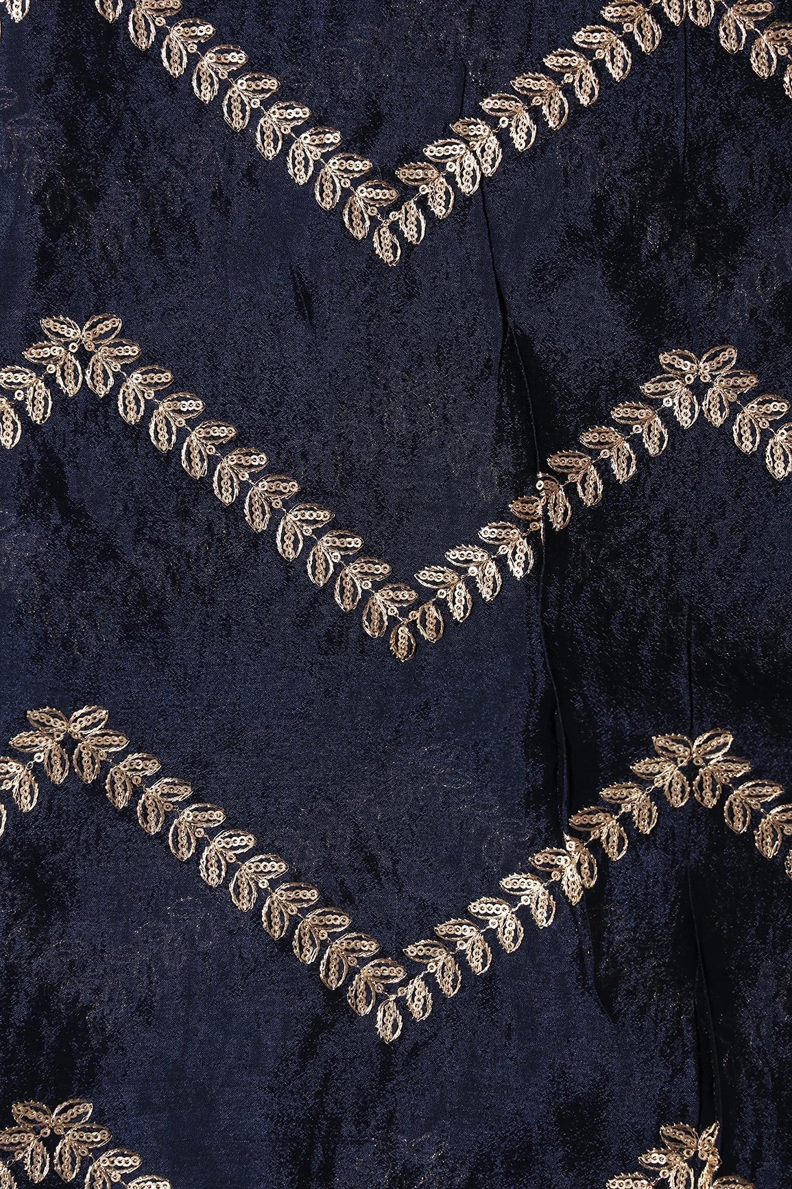 Gold Zari With Gold Sequins Chevron Embroidery Work On Navy Blue Chinnon Chiffon Fabric - doeraa