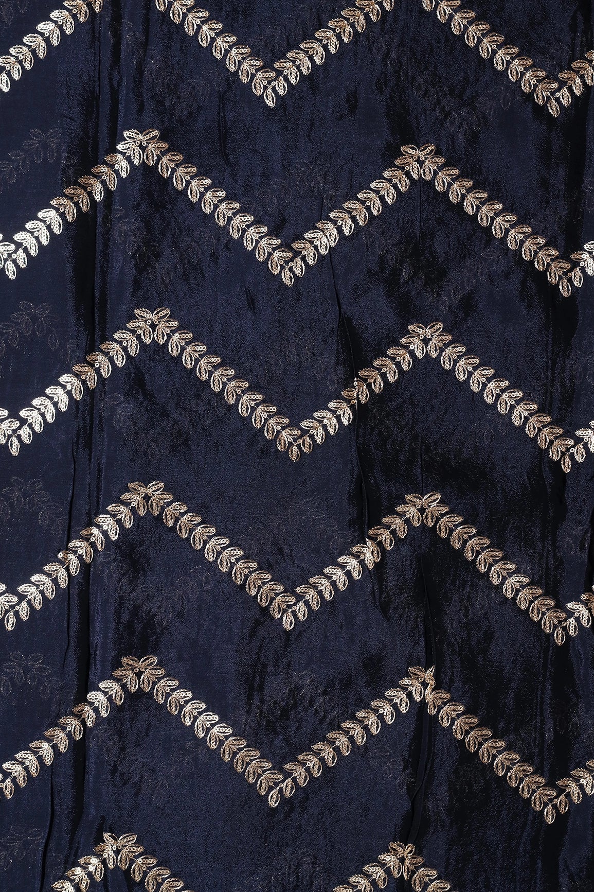 Gold Zari With Gold Sequins Chevron Embroidery Work On Navy Blue Chinnon Chiffon Fabric - doeraa