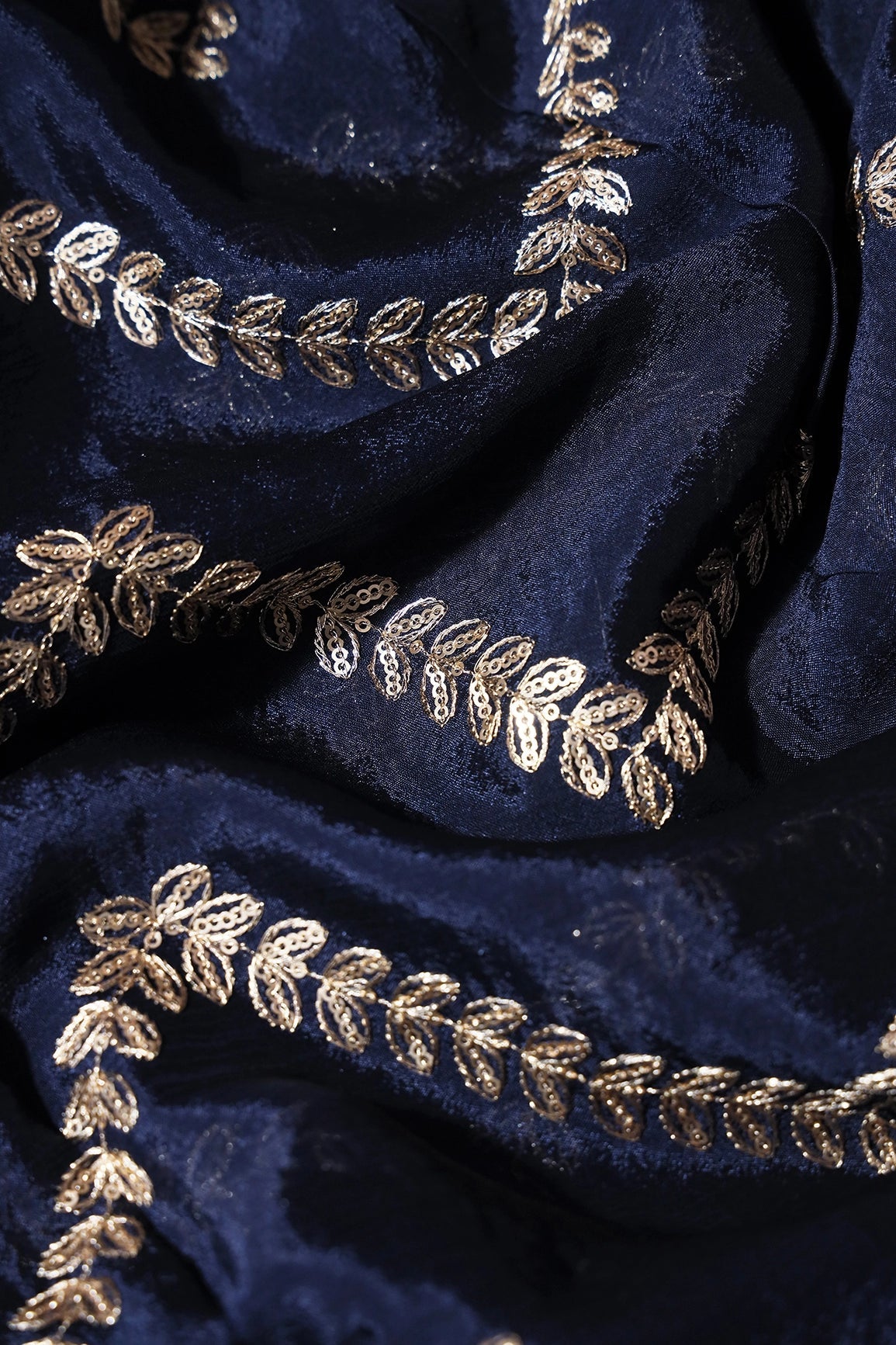 Gold Zari With Gold Sequins Chevron Embroidery Work On Navy Blue Chinnon Chiffon Fabric - doeraa