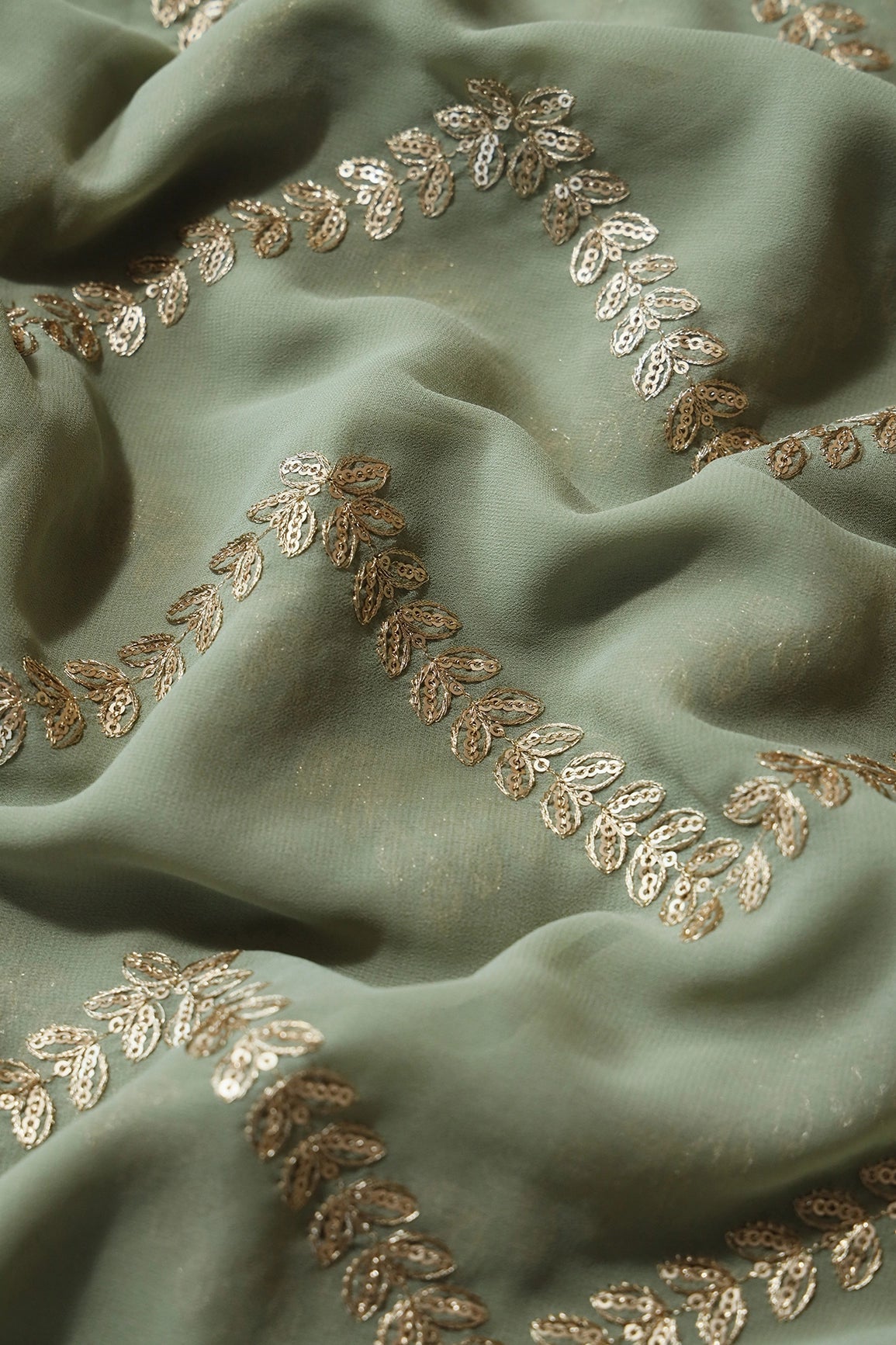 Gold Zari With Gold Sequins Chevron Embroidery Work On Olive Georgette Fabric - doeraa
