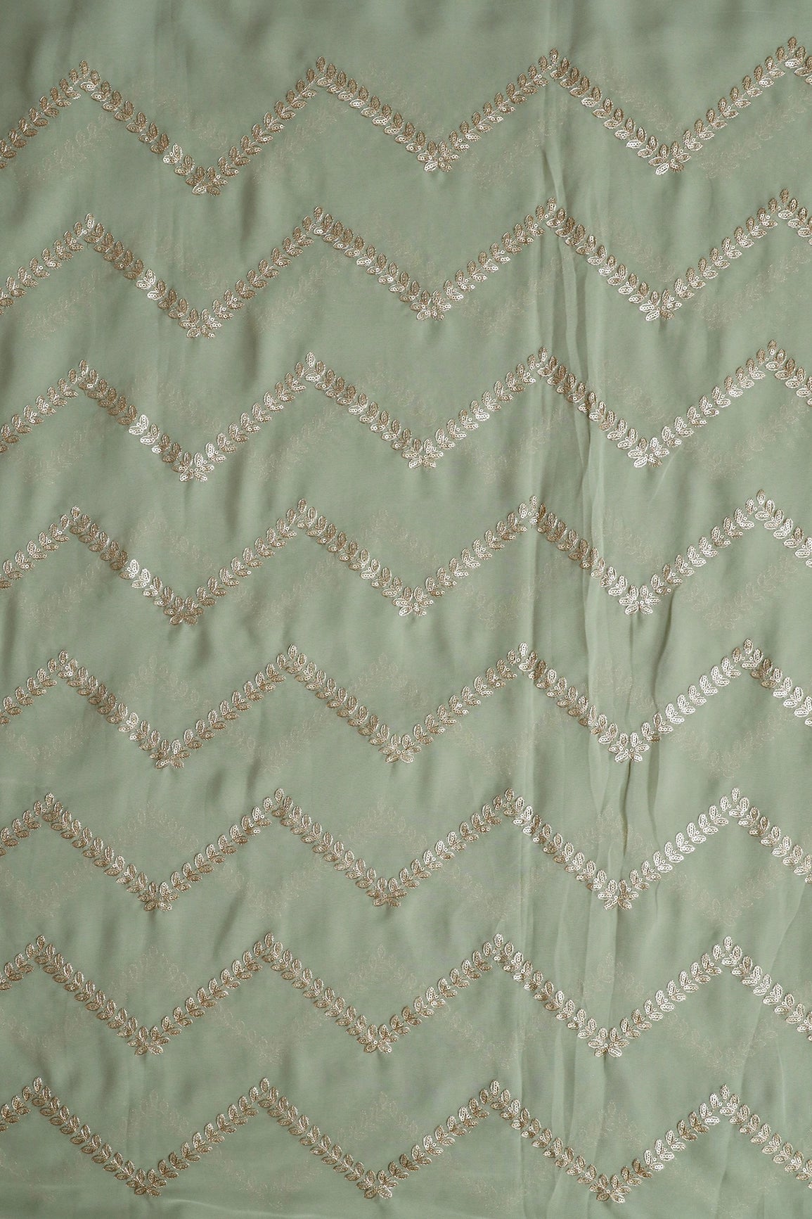 Gold Zari With Gold Sequins Chevron Embroidery Work On Olive Georgette Fabric - doeraa