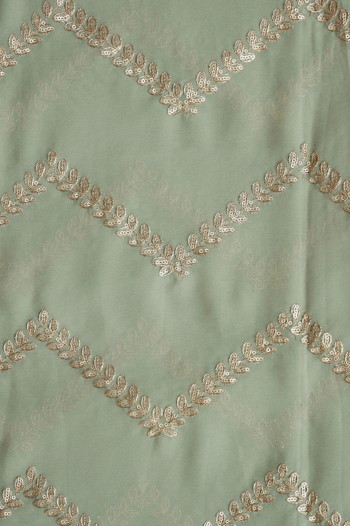 Gold Zari With Gold Sequins Chevron Embroidery Work On Olive Georgette Fabric - doeraa