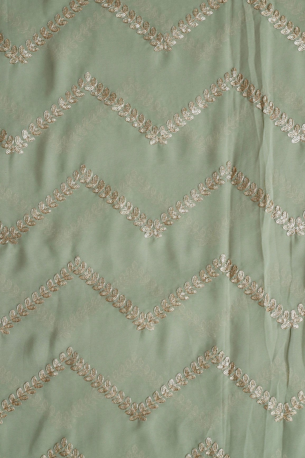 Gold Zari With Gold Sequins Chevron Embroidery Work On Olive Georgette Fabric - doeraa