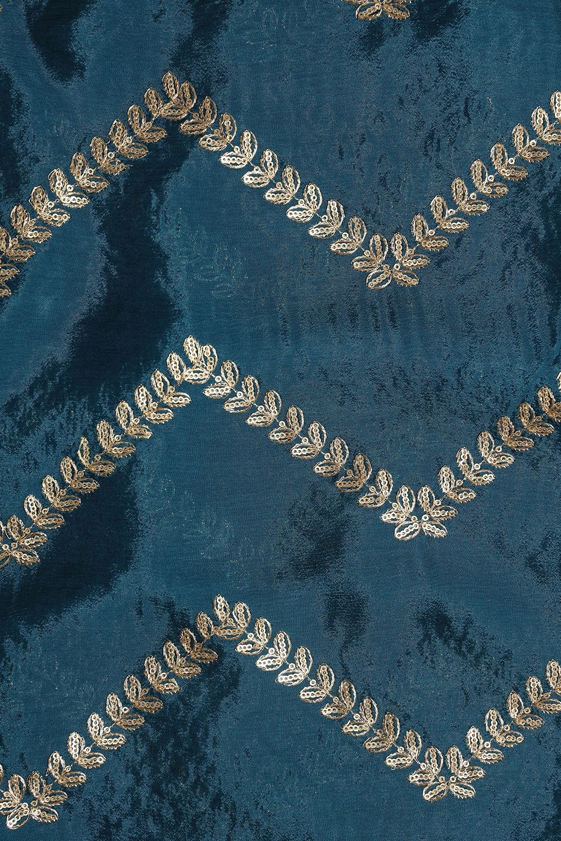 Gold Zari With Gold Sequins Chevron Embroidery Work On Rama Chinnon Chiffon Fabric - doeraa