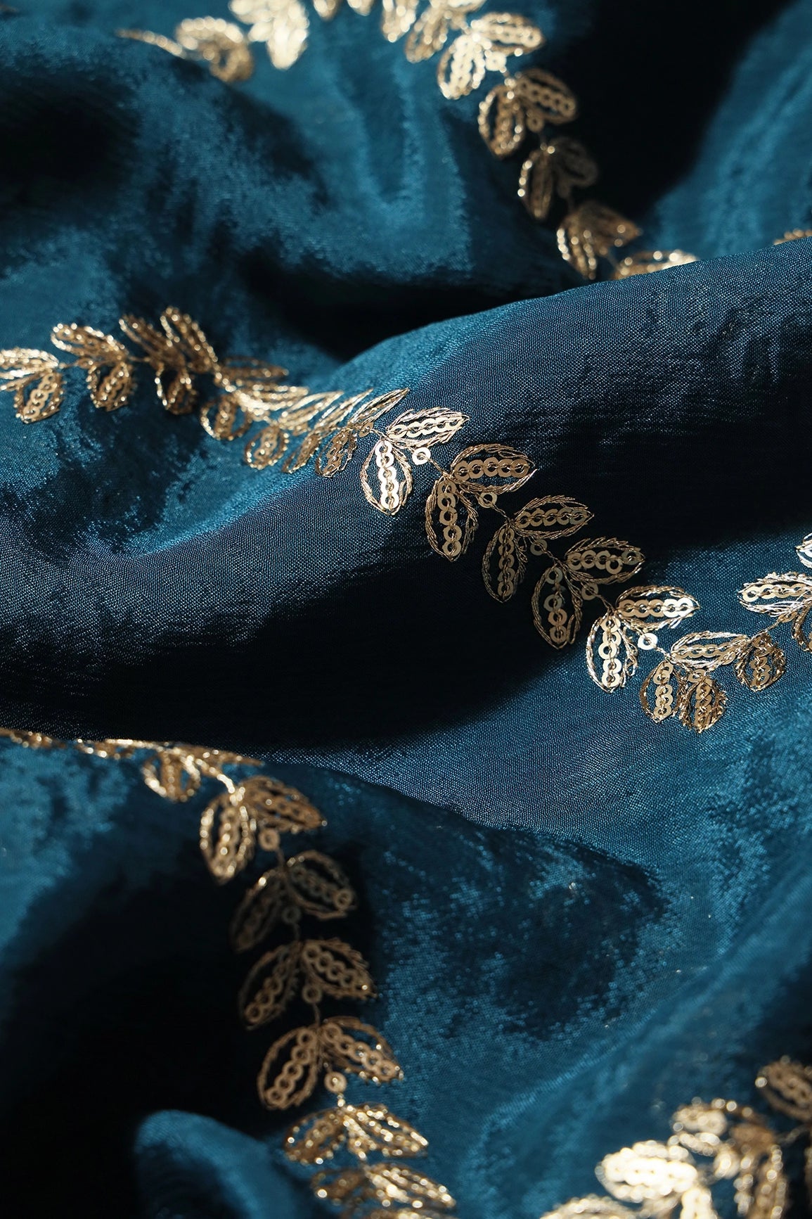 Gold Zari With Gold Sequins Chevron Embroidery Work On Rama Chinnon Chiffon Fabric - doeraa