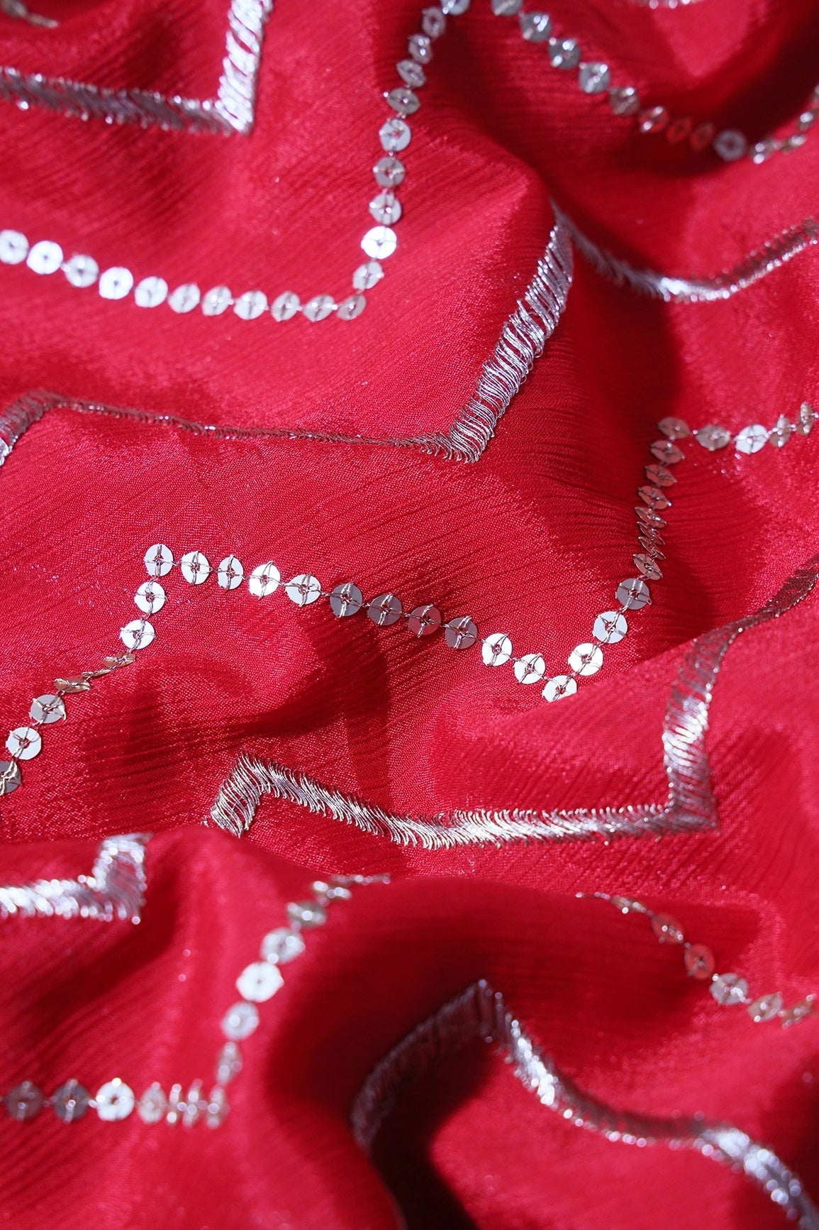 Gold Zari With Gold Sequins Chevron Embroidery Work On Red Chinnon Chiffon Fabric - doeraa