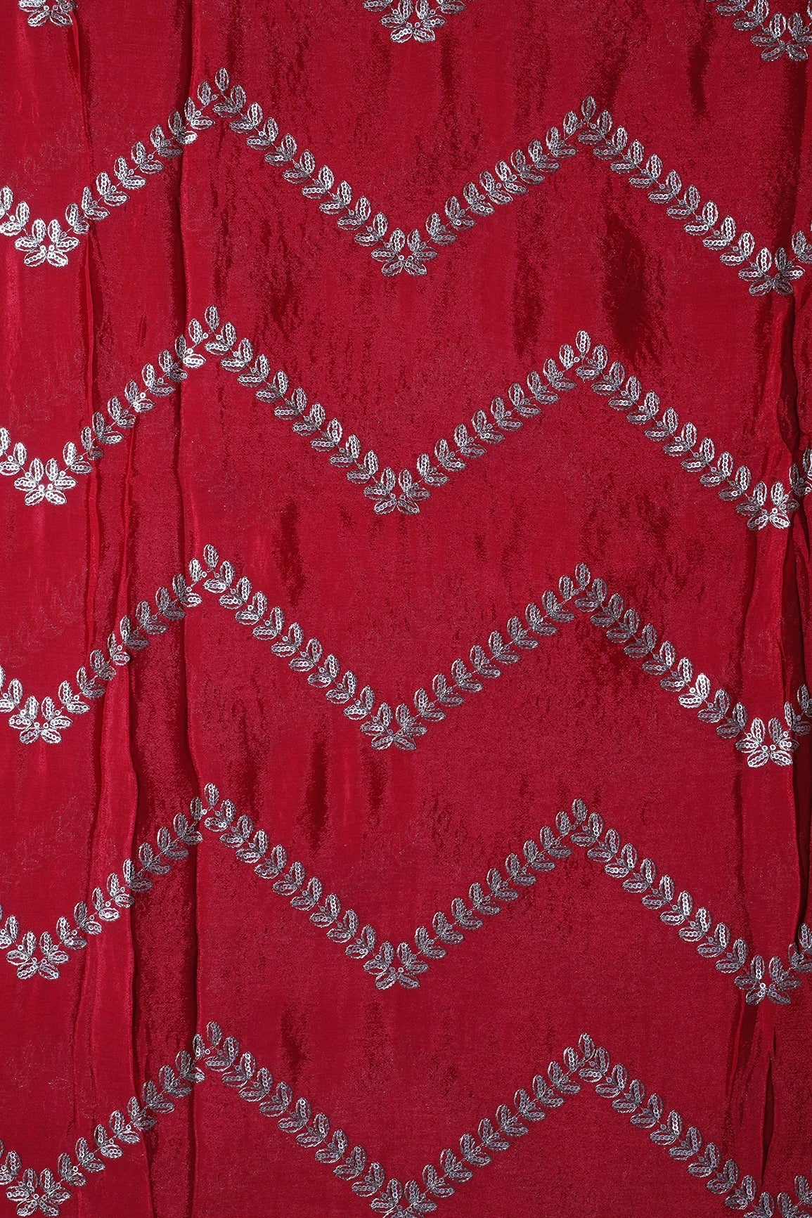 Gold Zari With Gold Sequins Chevron Embroidery Work On Red Chinnon Chiffon Fabric - doeraa