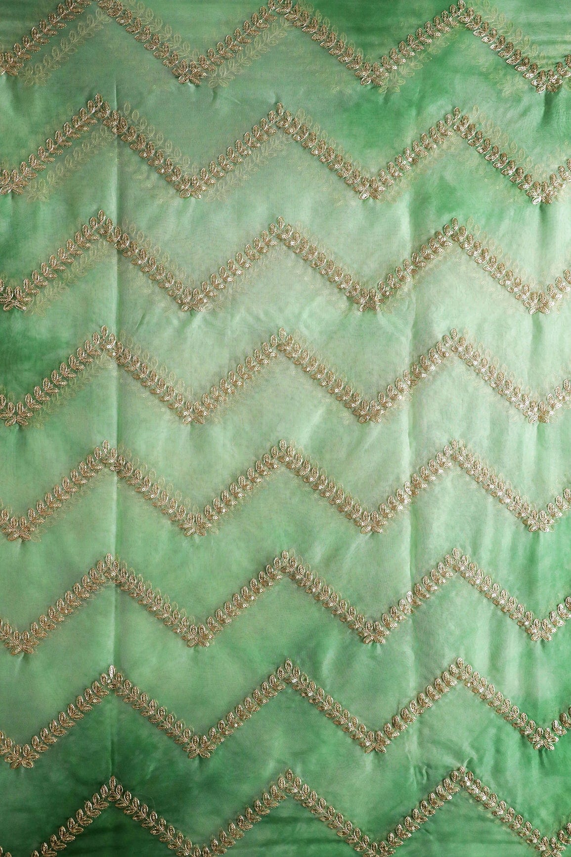 Gold Zari With Gold Sequins Chevron Embroidery Work On Tie & Dye Olive Organza Fabric - doeraa