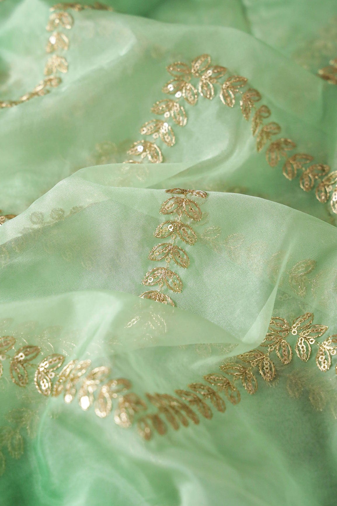 Gold Zari With Gold Sequins Chevron Embroidery Work On Tie & Dye Olive Organza Fabric - doeraa