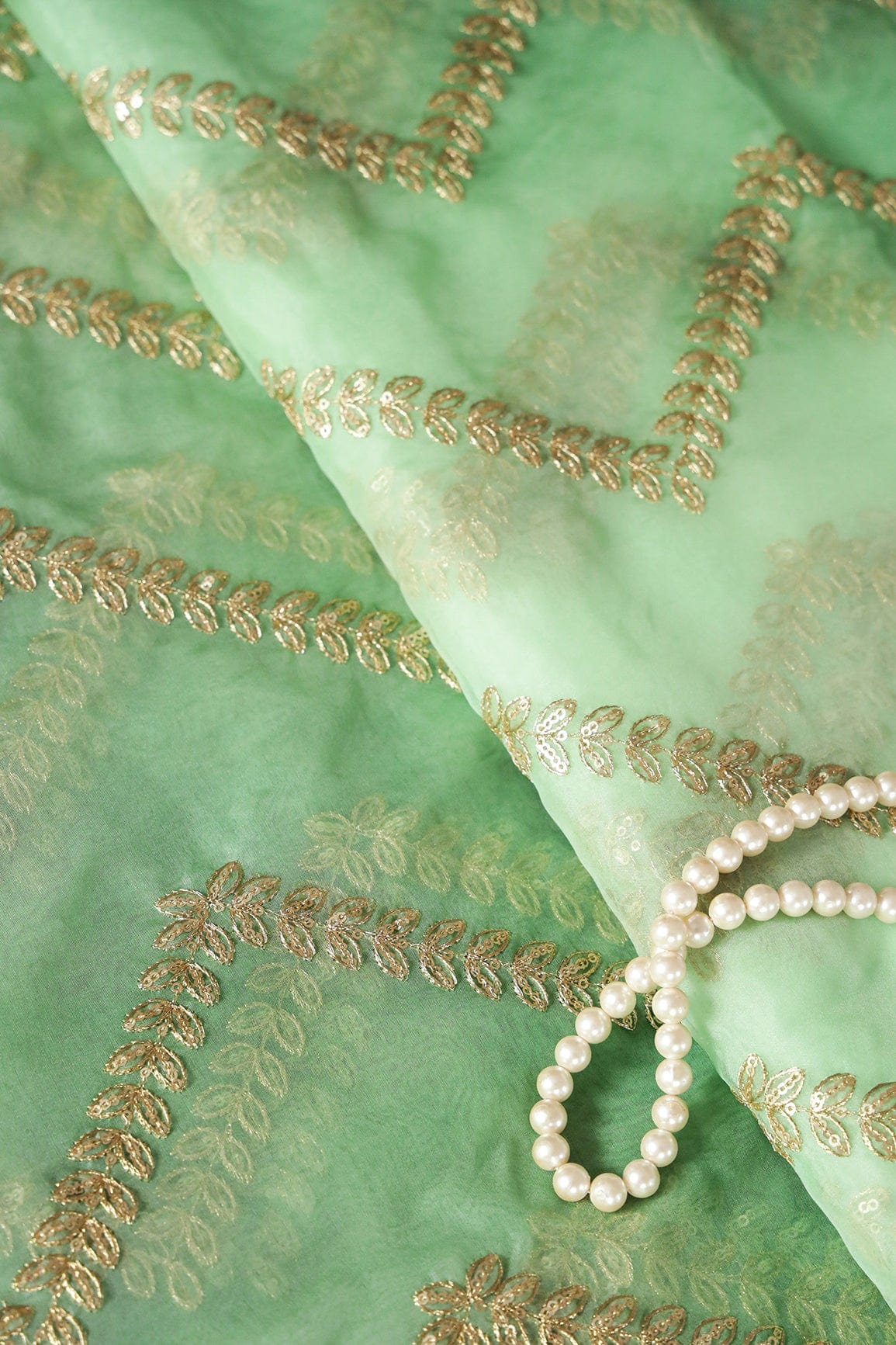 Gold Zari With Gold Sequins Chevron Embroidery Work On Tie & Dye Olive Organza Fabric - doeraa