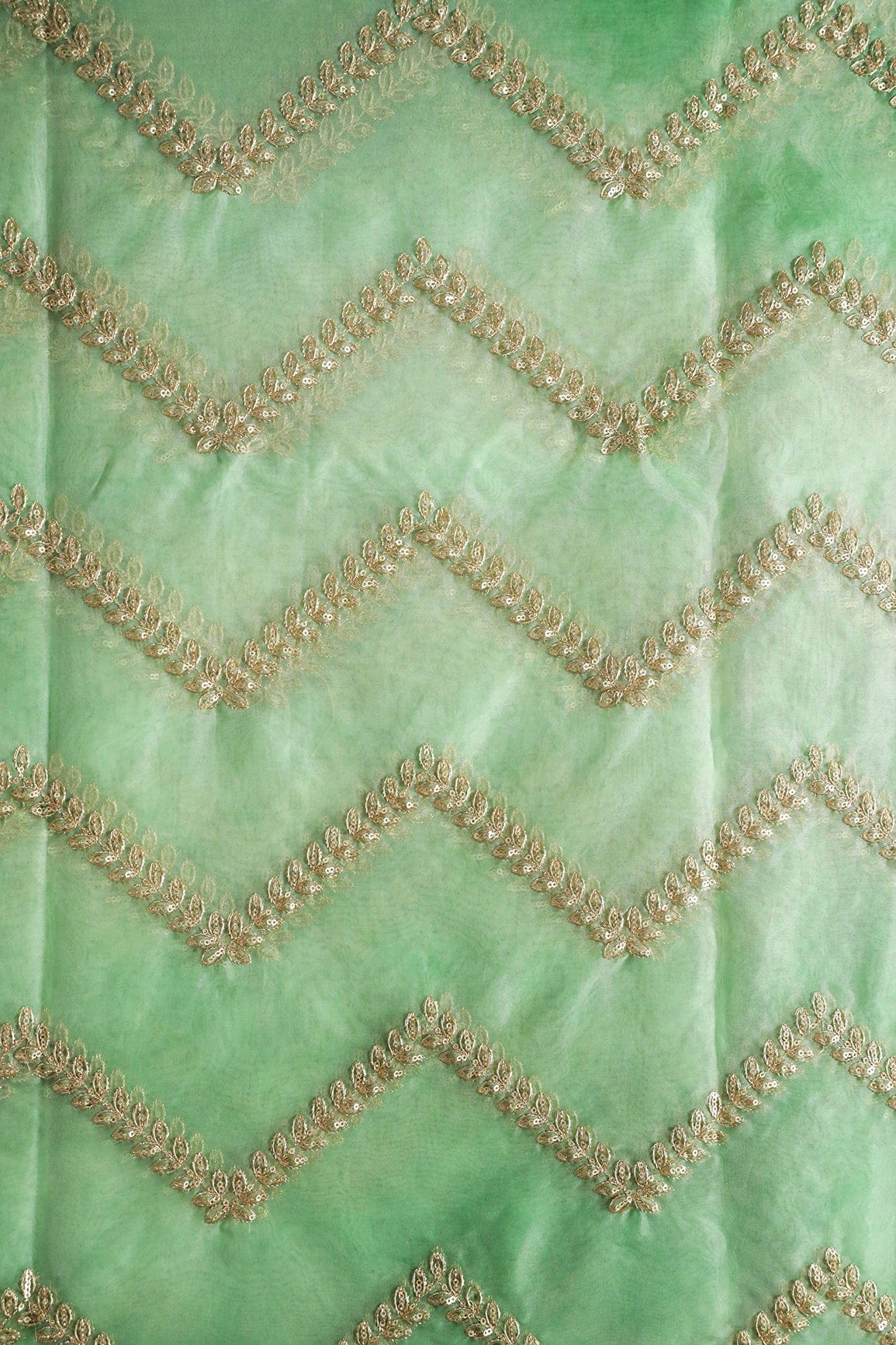 Gold Zari With Gold Sequins Chevron Embroidery Work On Tie & Dye Olive Organza Fabric - doeraa