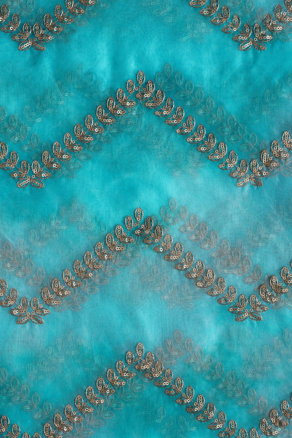 Gold Zari With Gold Sequins Chevron Embroidery Work On Tie & Dye Sky Blue Organza Fabric - doeraa