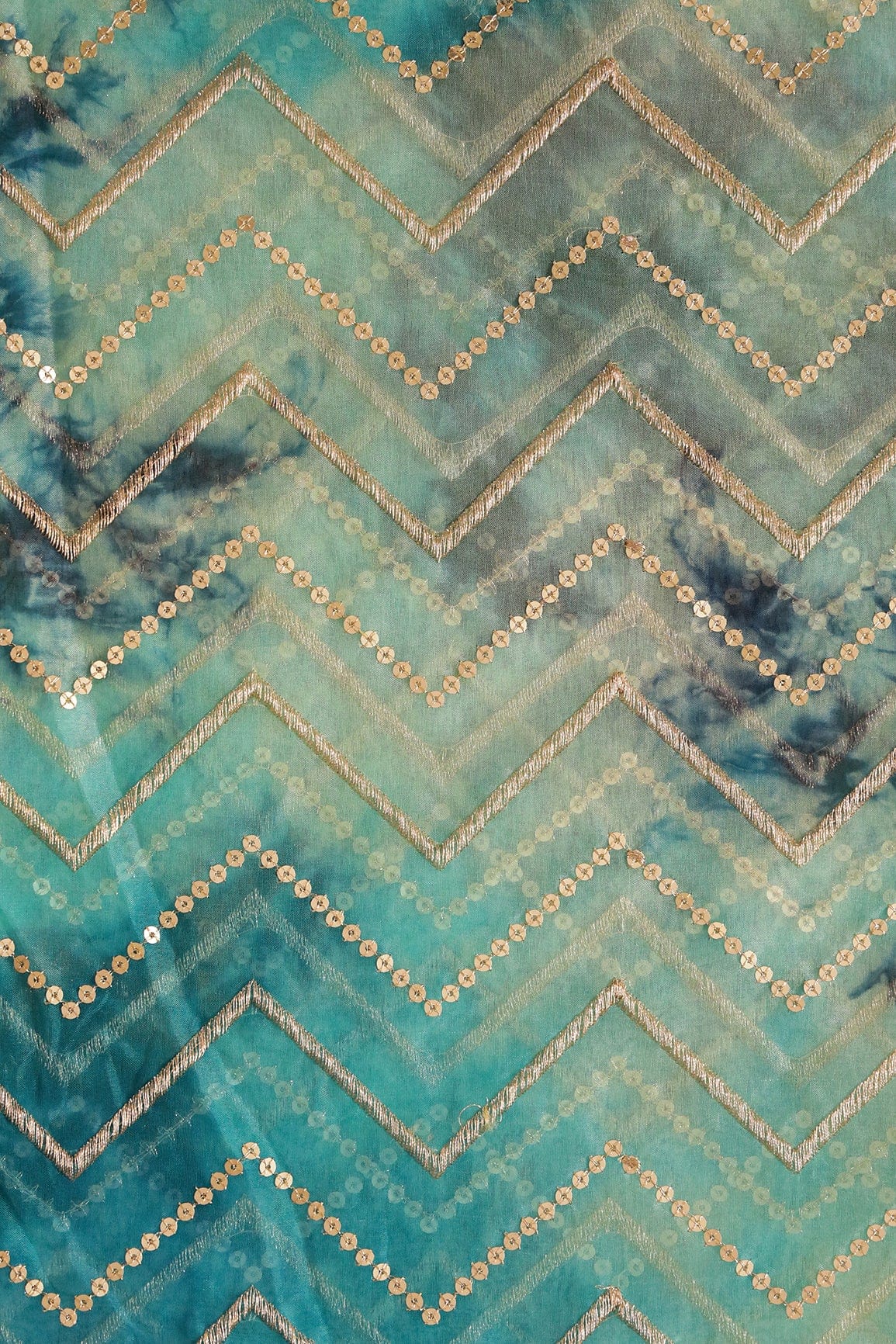 Gold Zari With Gold Sequins Chevron Embroidery Work On Tie & Dye Turquoise And Light Blue Organza Fabric - doeraa