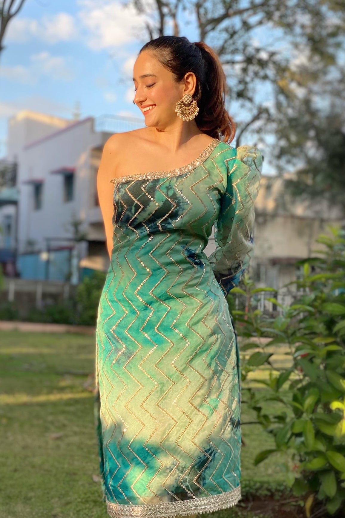 Gold Zari With Gold Sequins Chevron Embroidery Work On Tie & Dye Turquoise And Light Blue Organza Fabric - doeraa